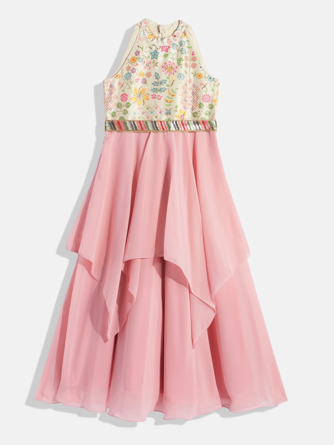 

Ethnovog Girls Floral Embroidered Halter Neck Layered Georgette Maxi Dress, Pink