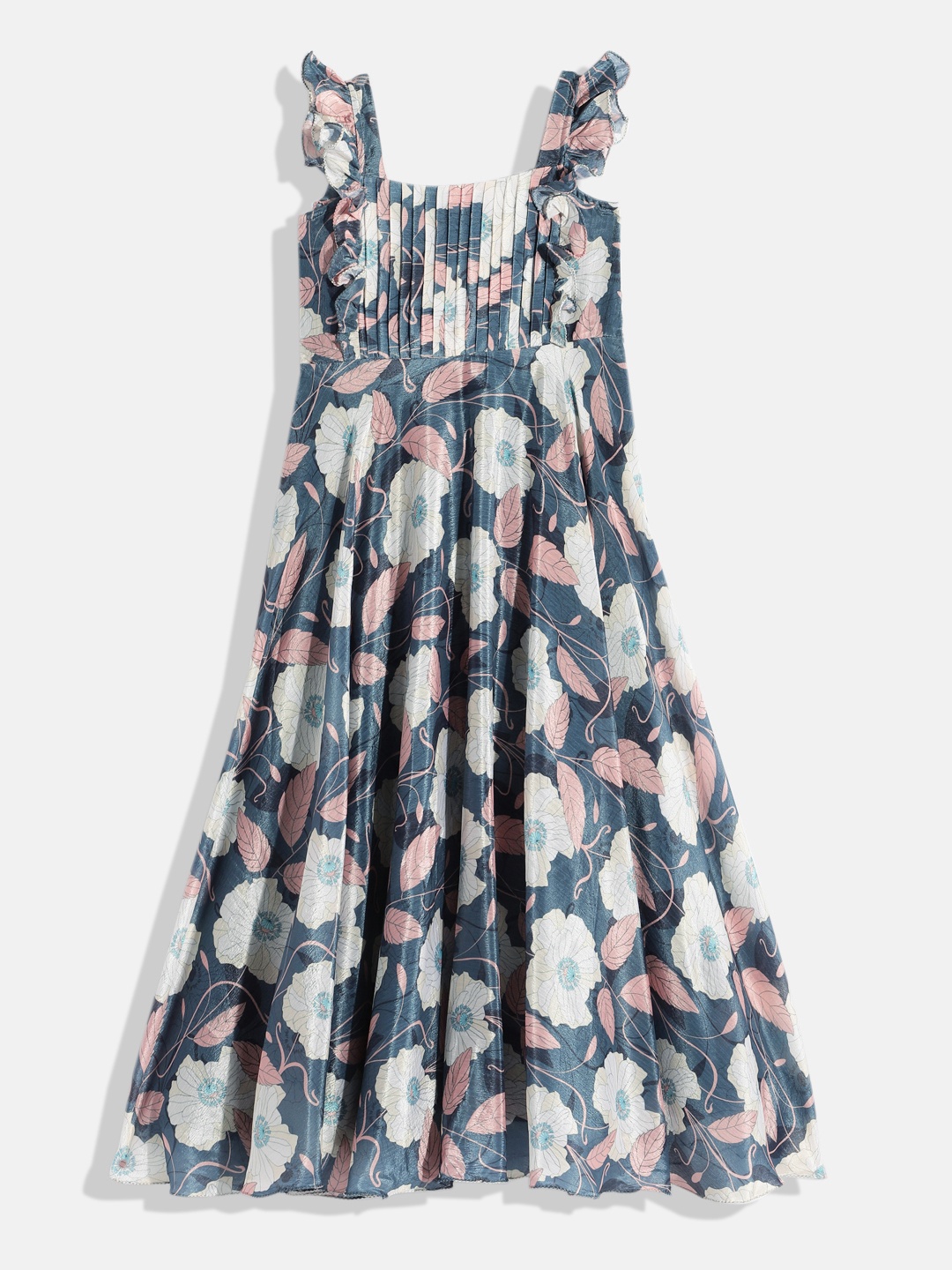 

Ethnovog Girls Floral Print Ruffled Maxi Dress, Teal