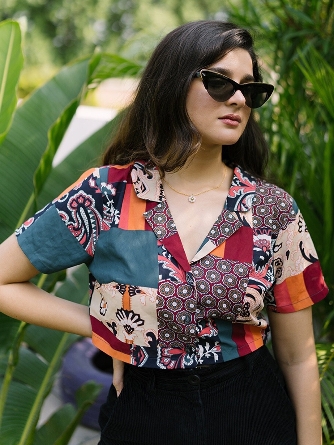 

GARDEN PARTY Ethnic Printed Crop Shirt Style Top, Teal