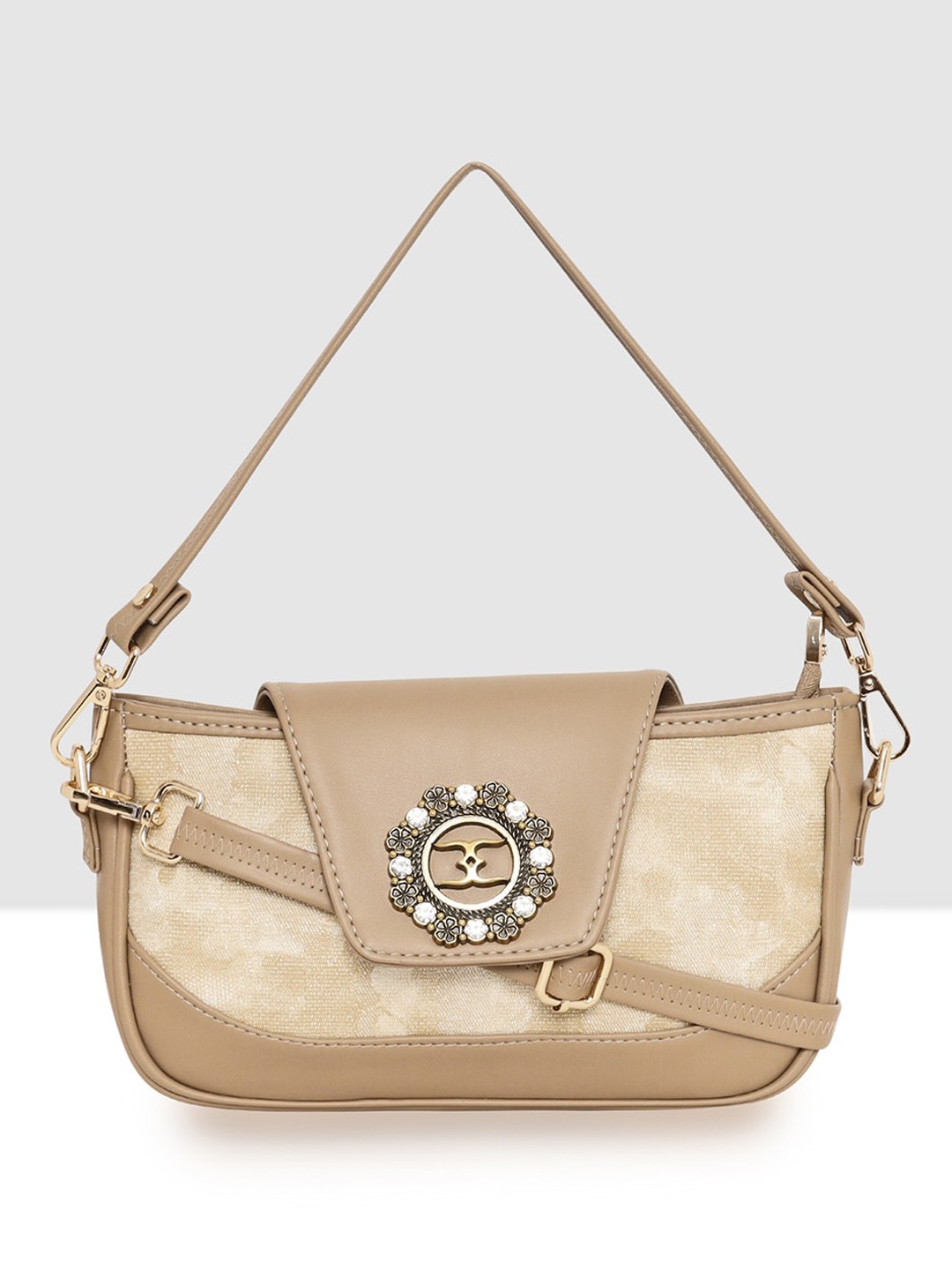 

ESBEDA Abstract Printed Embellished Structured Sling Bag, Beige