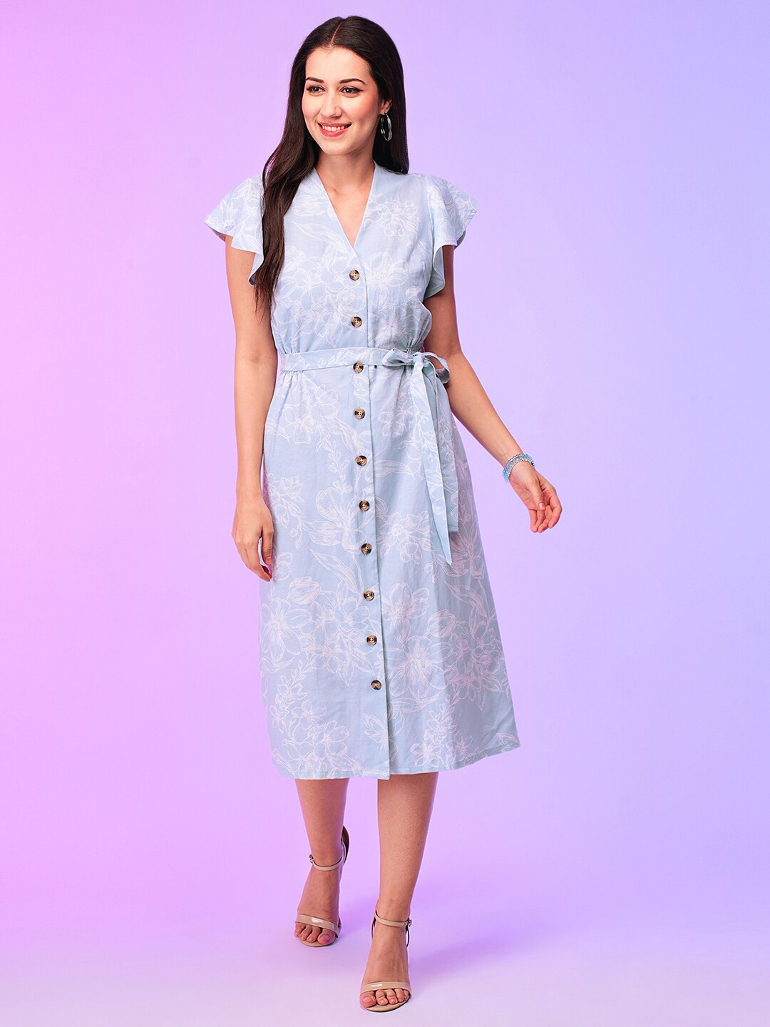 

Globus Floral Printed Flutter Sleeve Midi Shirt Dress, Blue