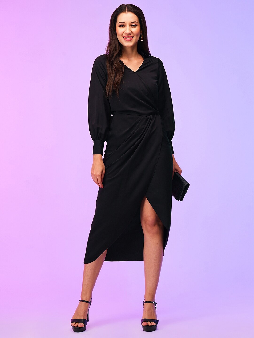 

Globus Shirt Collar Cuffed Sleeves Pleated Tulip Hem Midi Party Wrap Dress, Black