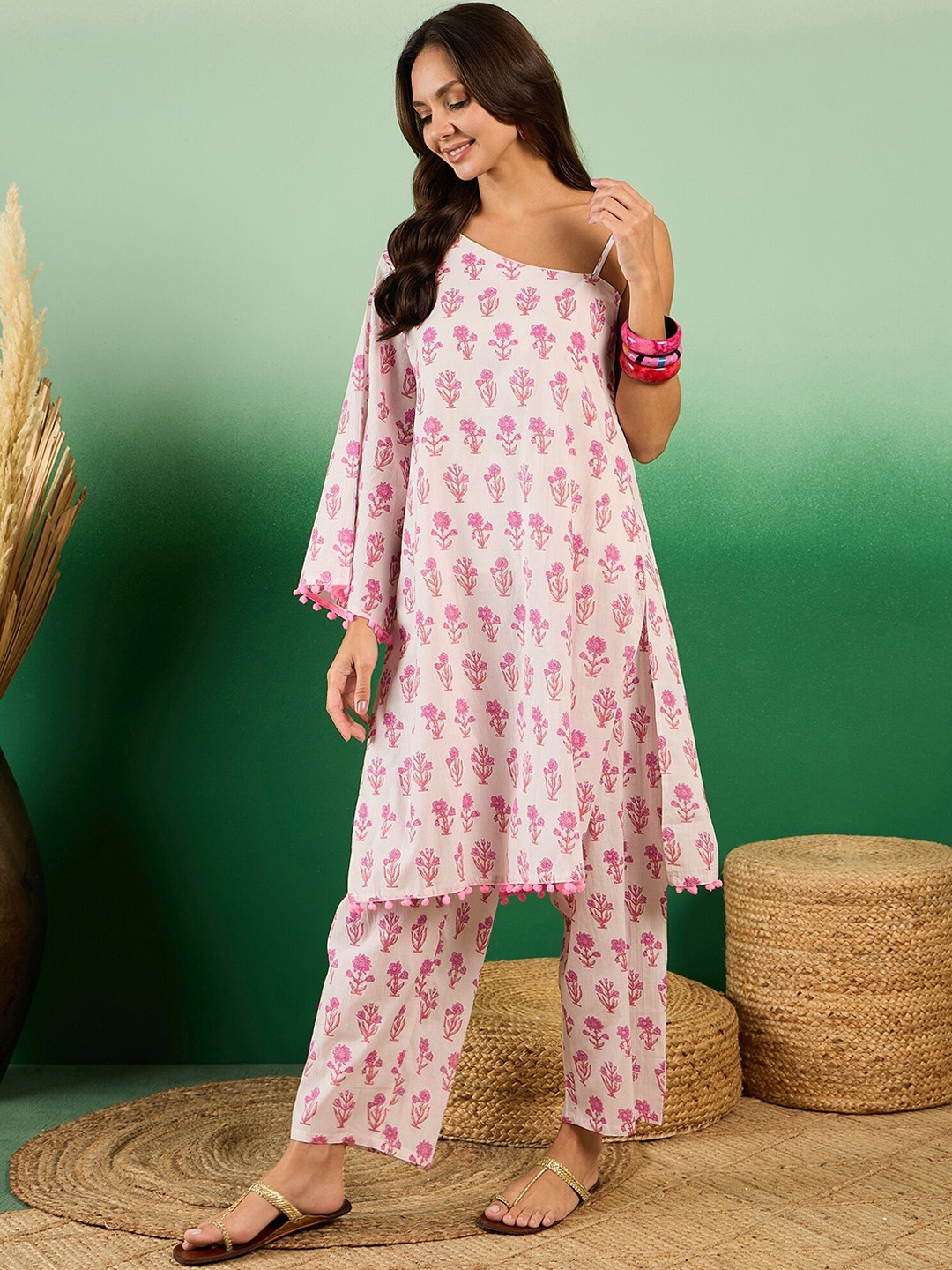 

Sangria Floral Printed Pure Cotton One Shoulder Strap Kurta With Trousers, Cream
