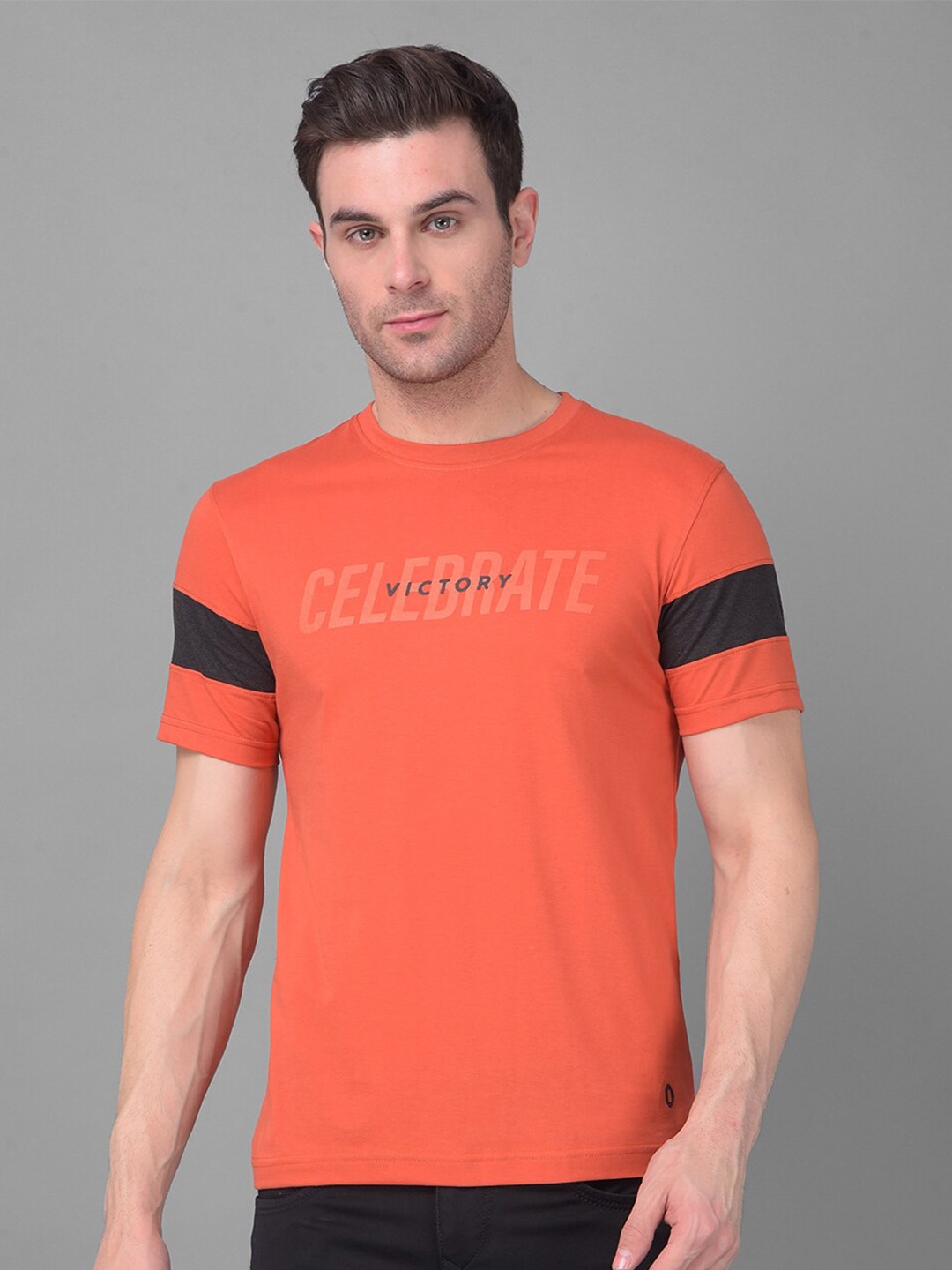 

Dollar Typography Printed Regular Fit Short Sleeves Round Neck Cotton T-shirt, Orange