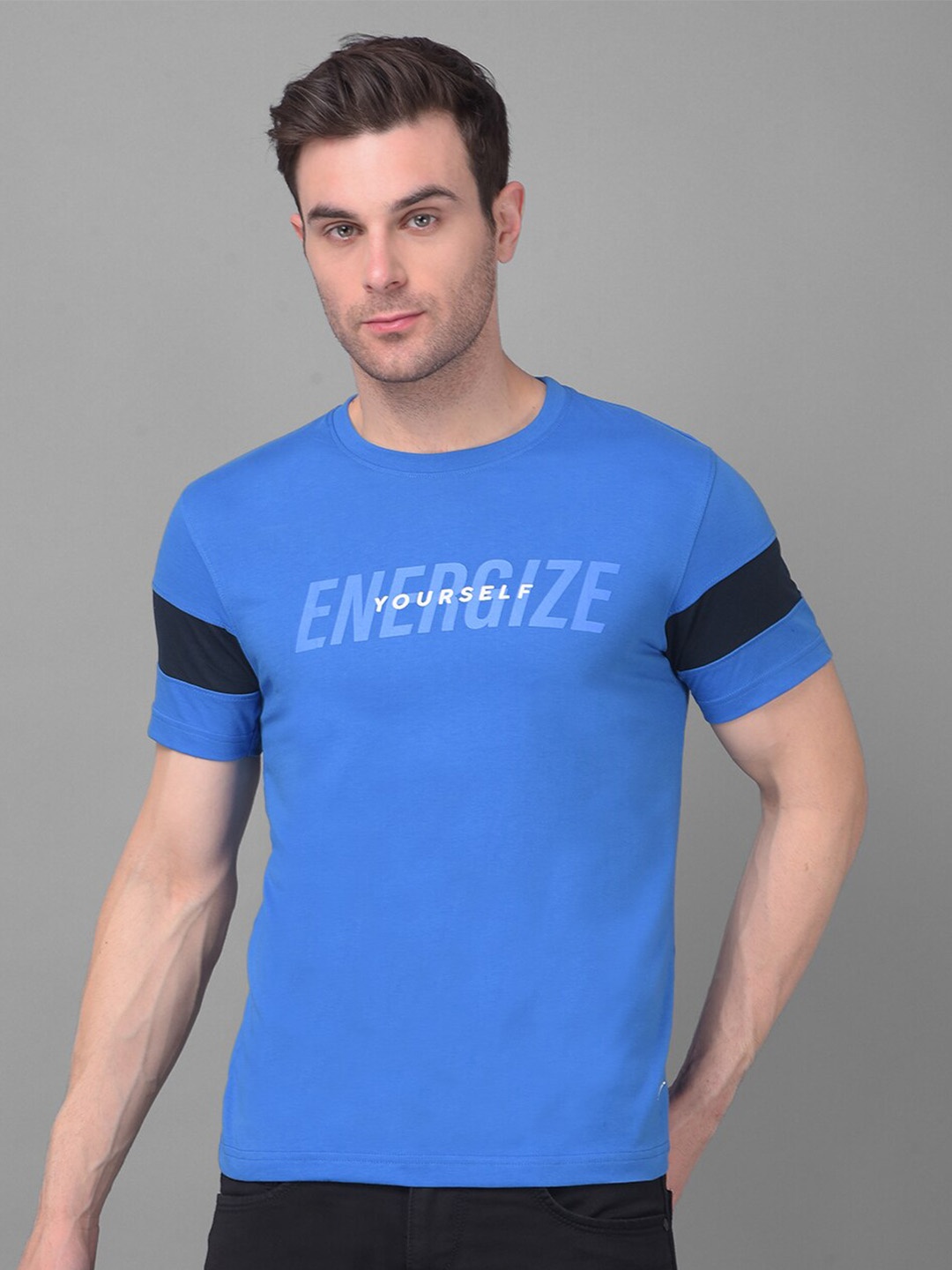 

Dollar Typography Printed Regular Fit Short Sleeves Round Neck Cotton T-shirt, Blue