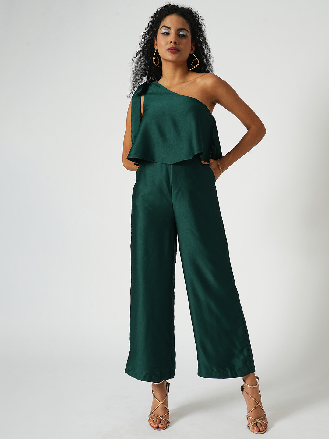 

Globus Women Tie-Up One Shoulder Long Party Jumpsuit, Green
