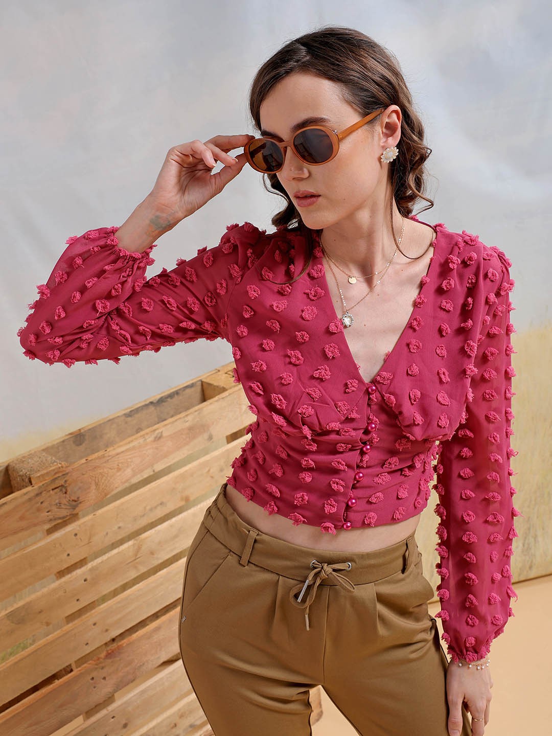 

Freehand by The Indian Garage Co Self Design V-Neck Crop Top, Mauve
