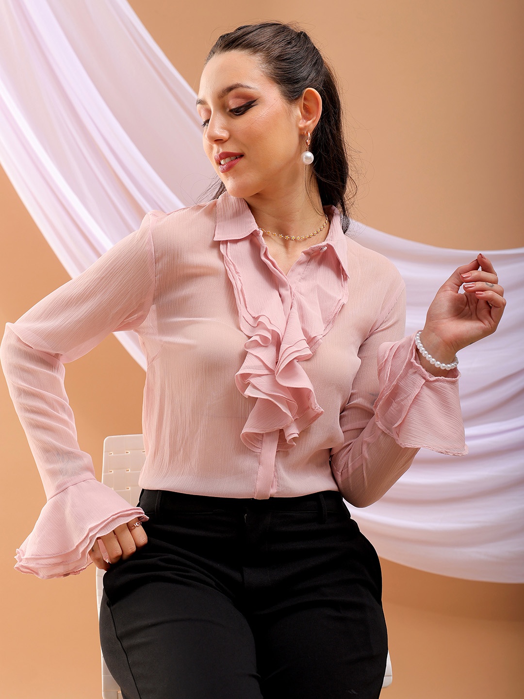 

Freehand by The Indian Garage Co Bell Sleeve Ruffled Semi Sheer Shirt Style Top, Pink