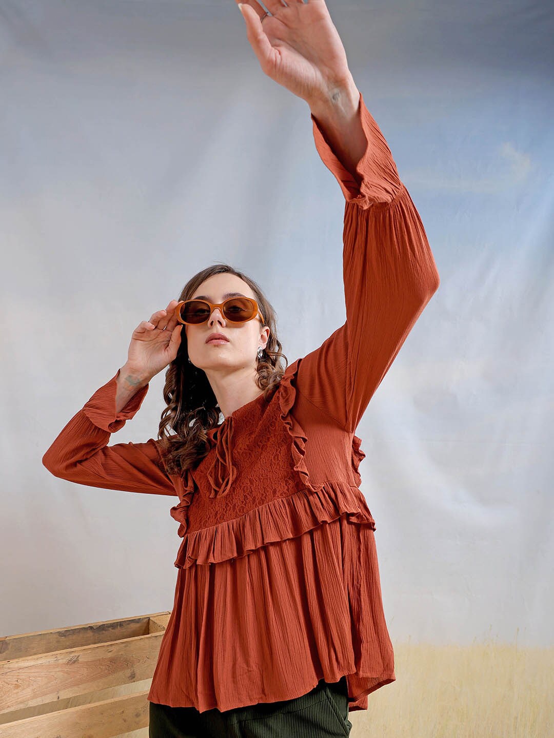 

Freehand by The Indian Garage Co Bell Sleeve Ruffled Peplum Top, Rust