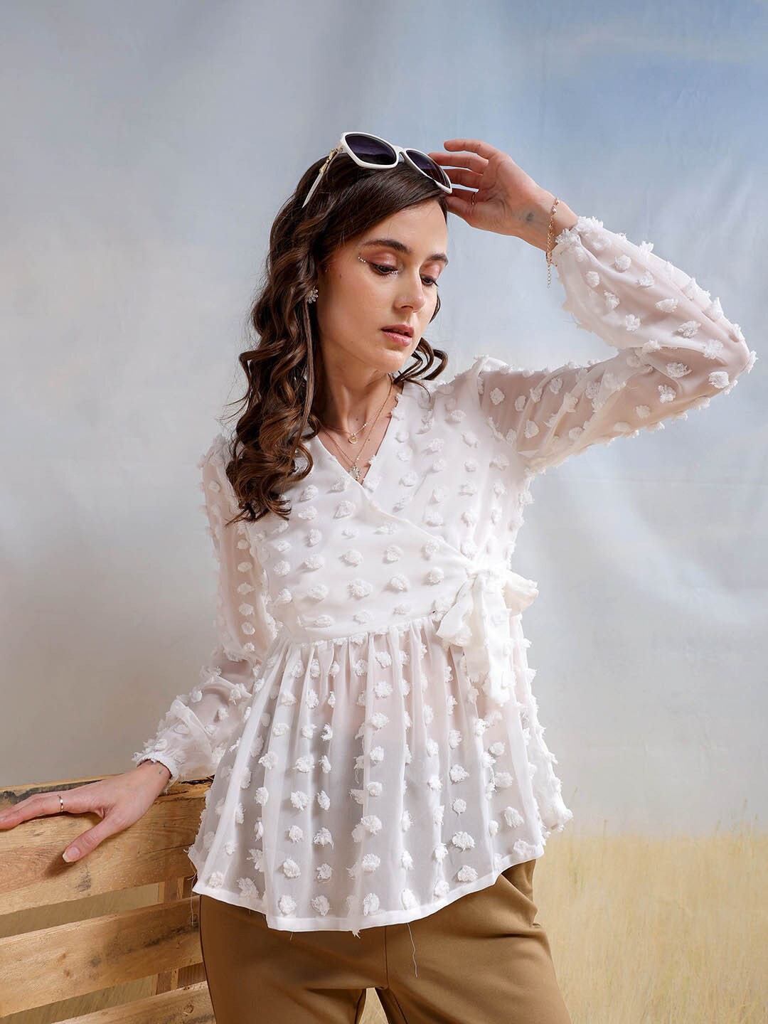 

Freehand by The Indian Garage Co Self Design Bell Sleeve Wrap Top, White