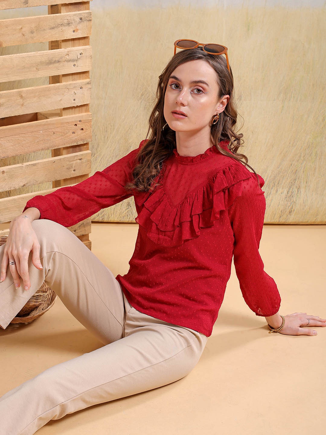 

Freehand by The Indian Garage Co Self Design Ruffle Long Sleeves Top, Red
