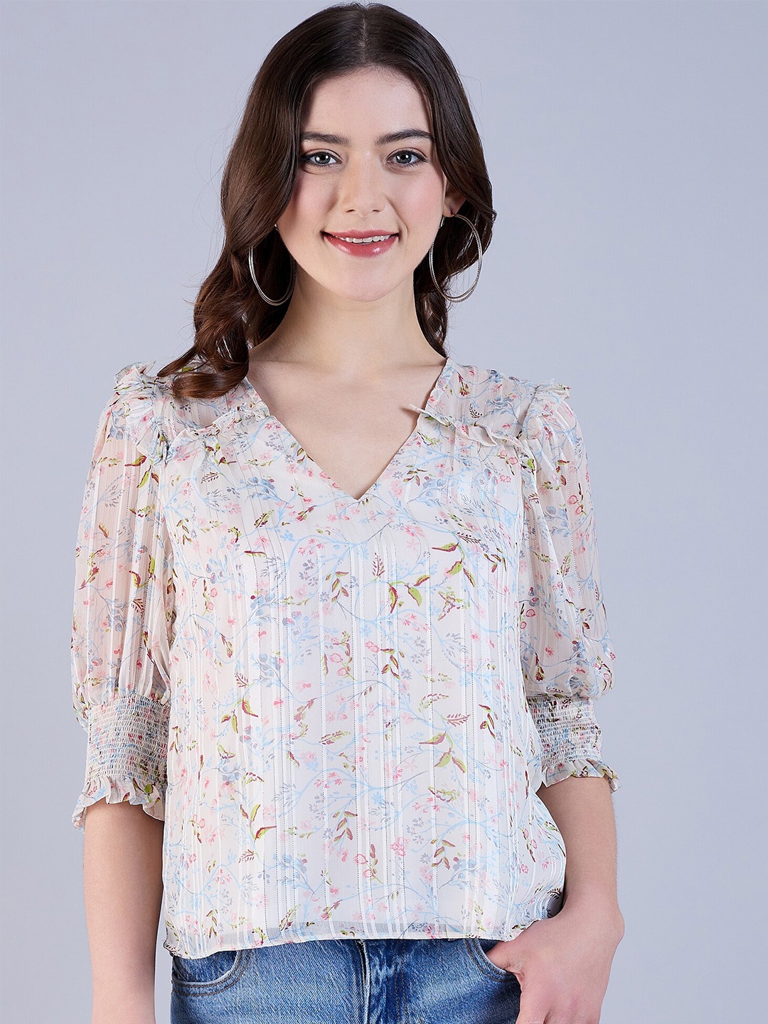 

Freehand by The Indian Garage Co Floral Printed Ruffled Top, White