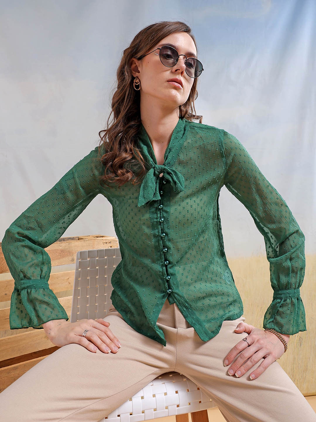 

Freehand by The Indian Garage Co Self Design Tie-Up Neck Bell Sleeve Top, Green