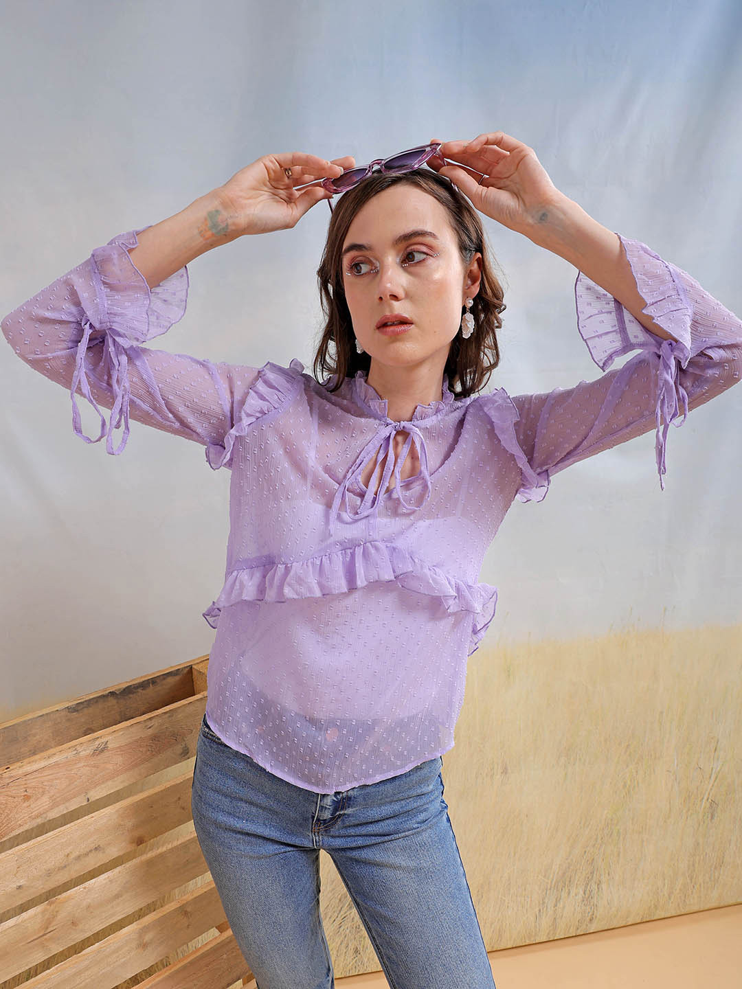 

Freehand by The Indian Garage Co Self Design Tie-Up Neck Bell Sleeve Top, Purple