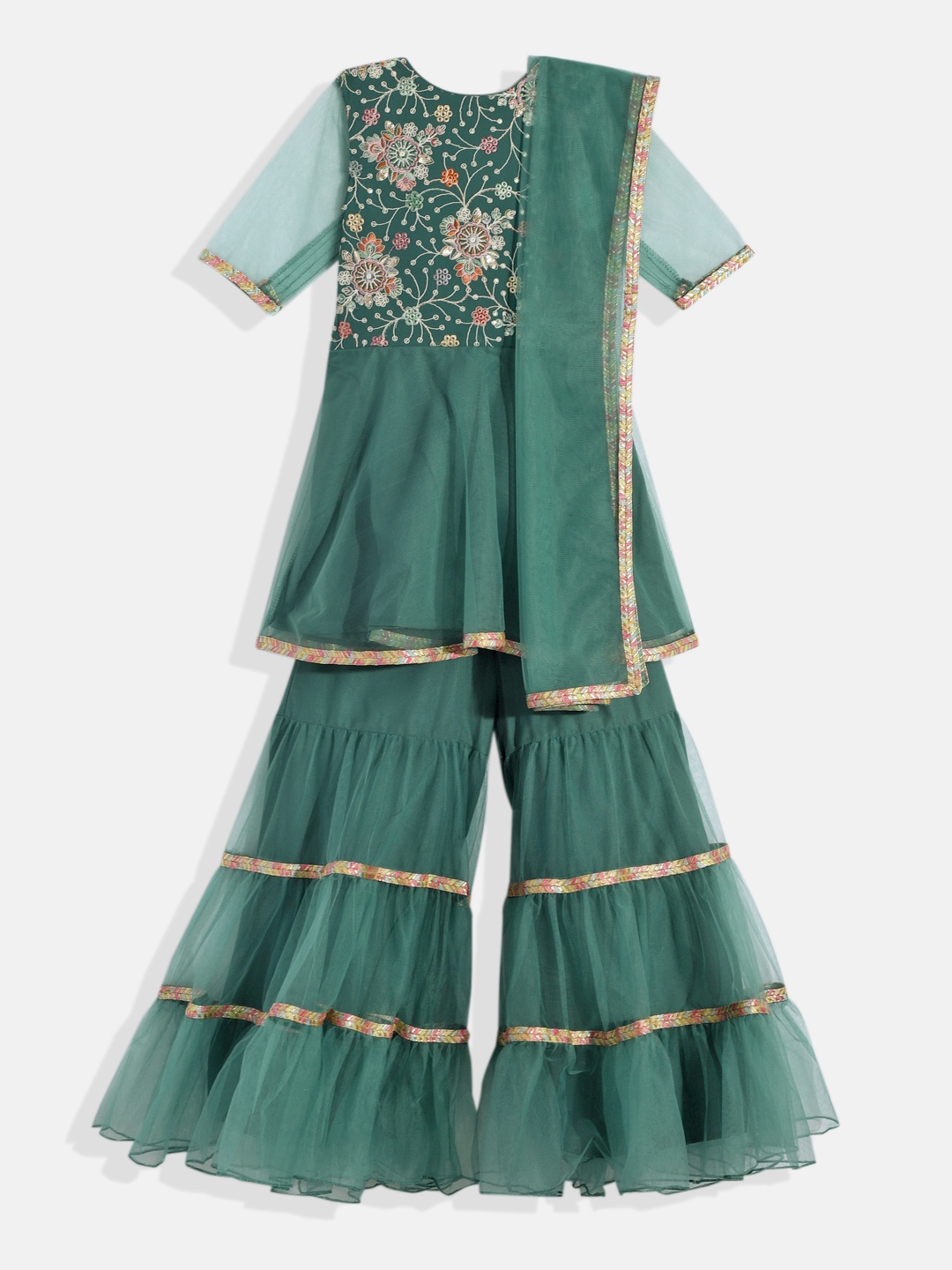 

Ethnovog Girls Floral Embroidered Regular Sequinned Kurta with Palazzos & With Dupatta, Green