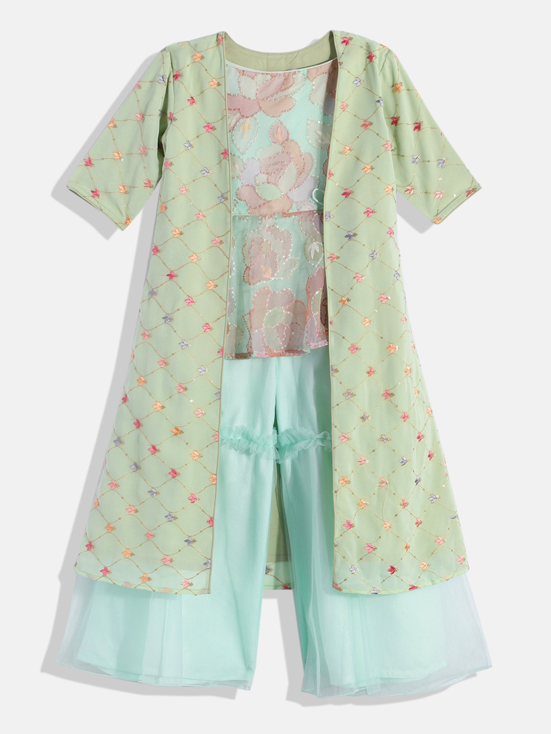 

Ethnovog Girls Floral Embroidered Regular Sequinned Kurti with Palazzos, Green