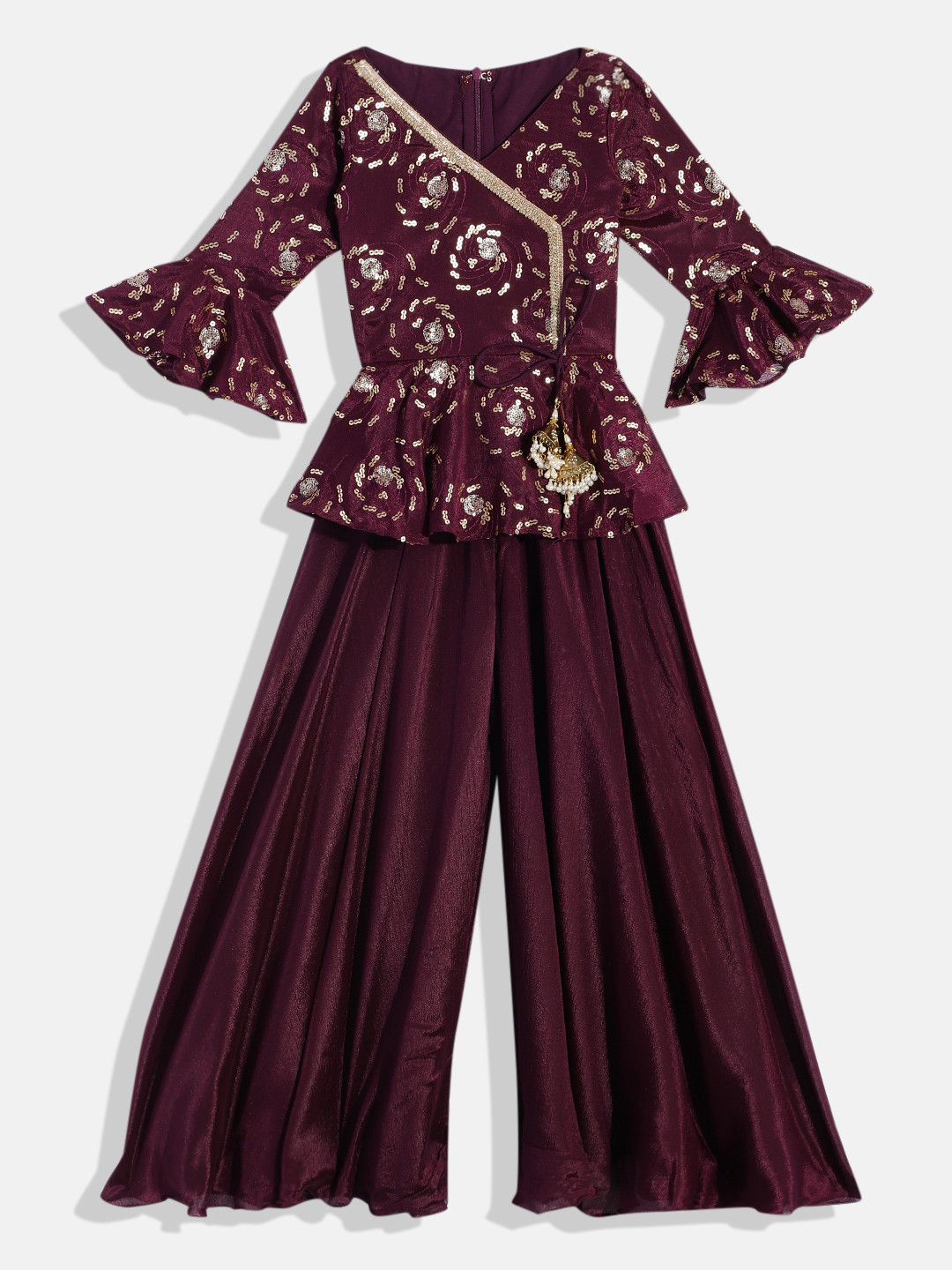 

Ethnovog Girls Embroidered Angrakha Sequinned Kurti with Palazzos, Burgundy
