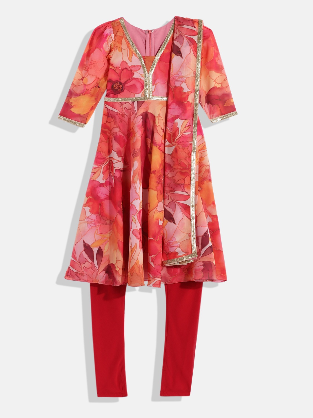 

Ethnovog Girls Floral Printed Regular Sequinned Kurta with Trousers & With Dupatta, Multi