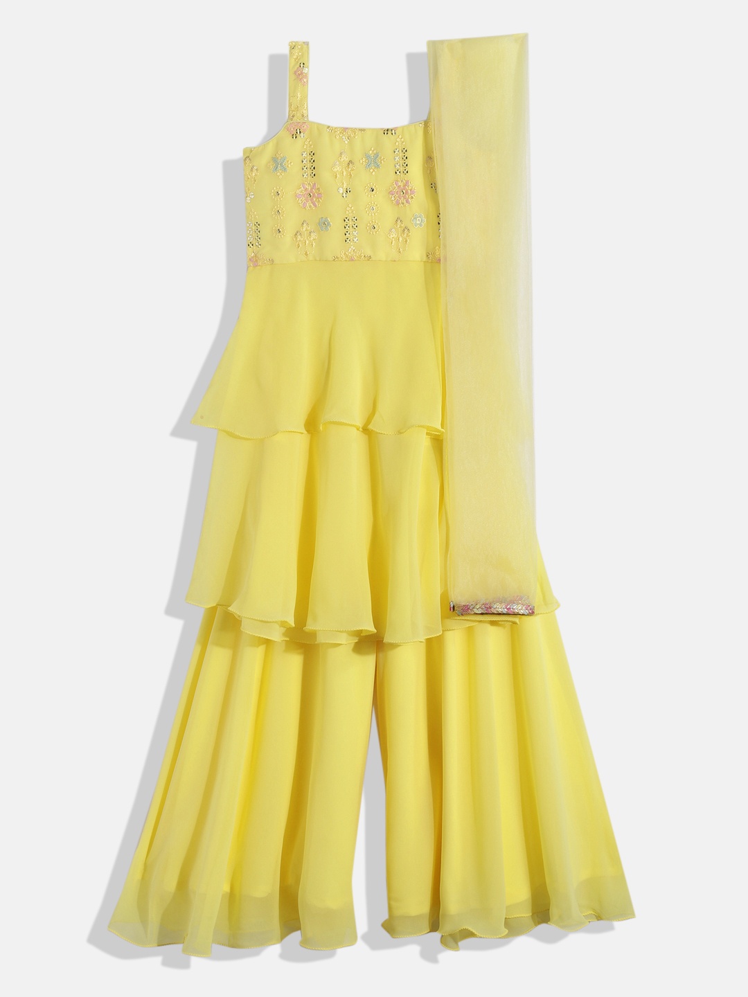 

Ethnovog Girls Floral Embroidered Layered Sequinned Kurta with Palazzos & With Dupatta, Yellow