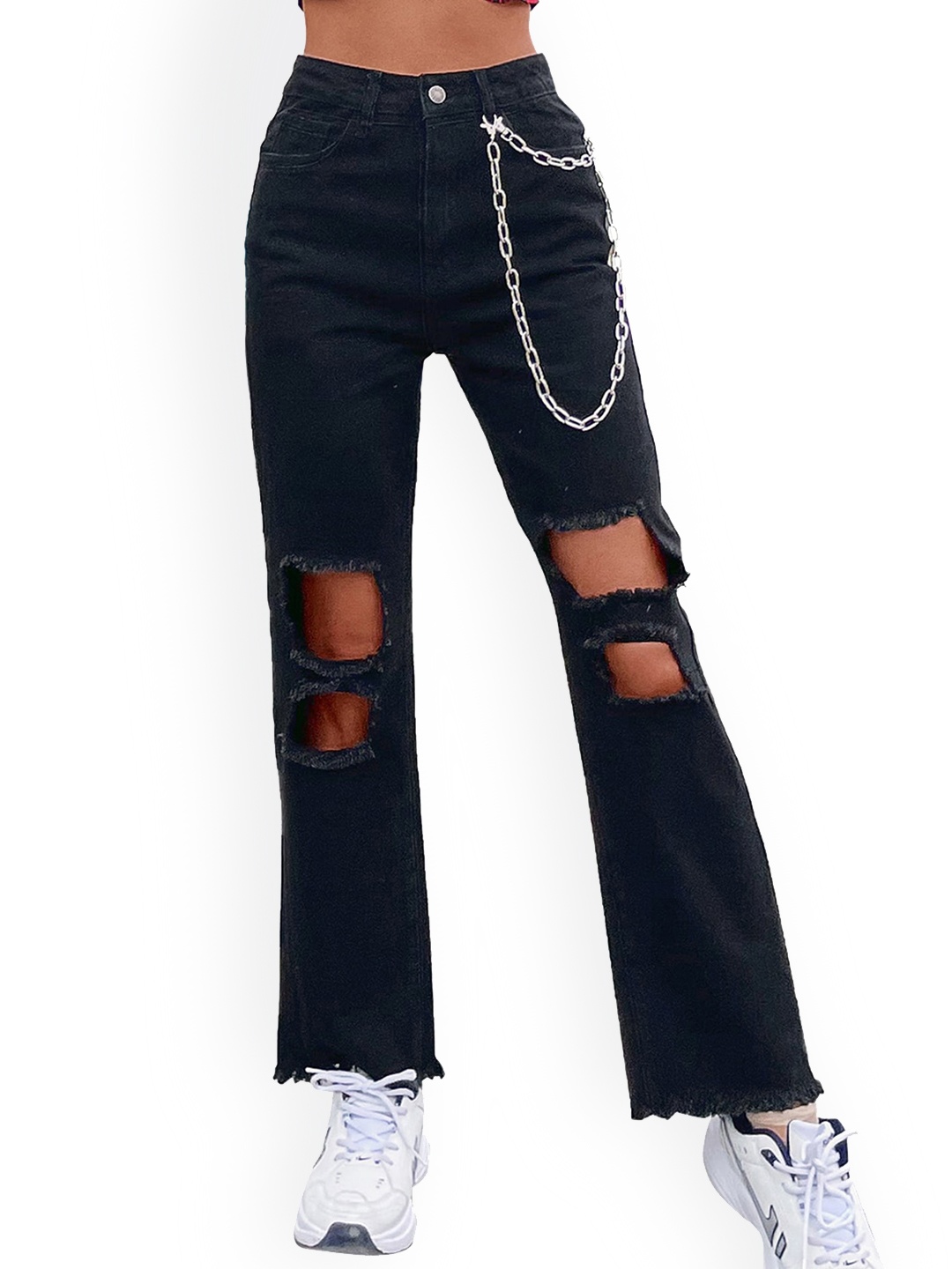 

LULU & SKY Women Straight Fit High-Rise Highly Distressed Jeans, Black