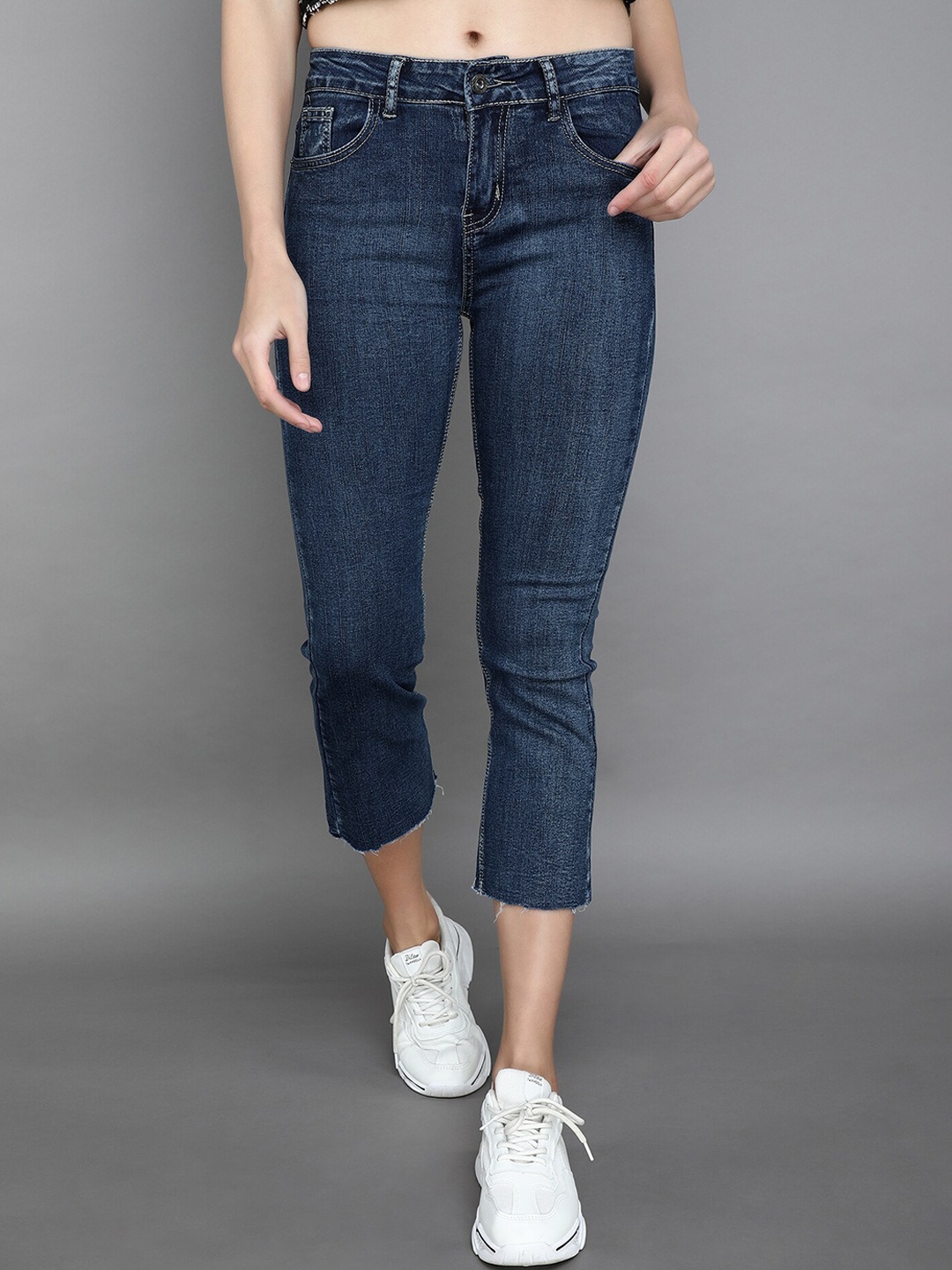 

LULU & SKY Women Skinny Fit Mid-Rise Dark Shade Clean Look Stretchable Cropped Jeans, Navy blue