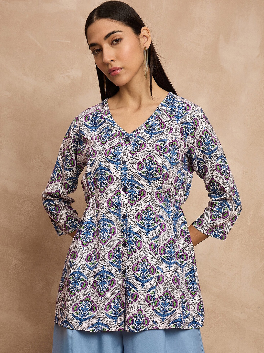 

all about you Ethnic Motifs Printed V-Neck Short Kurti, Blue