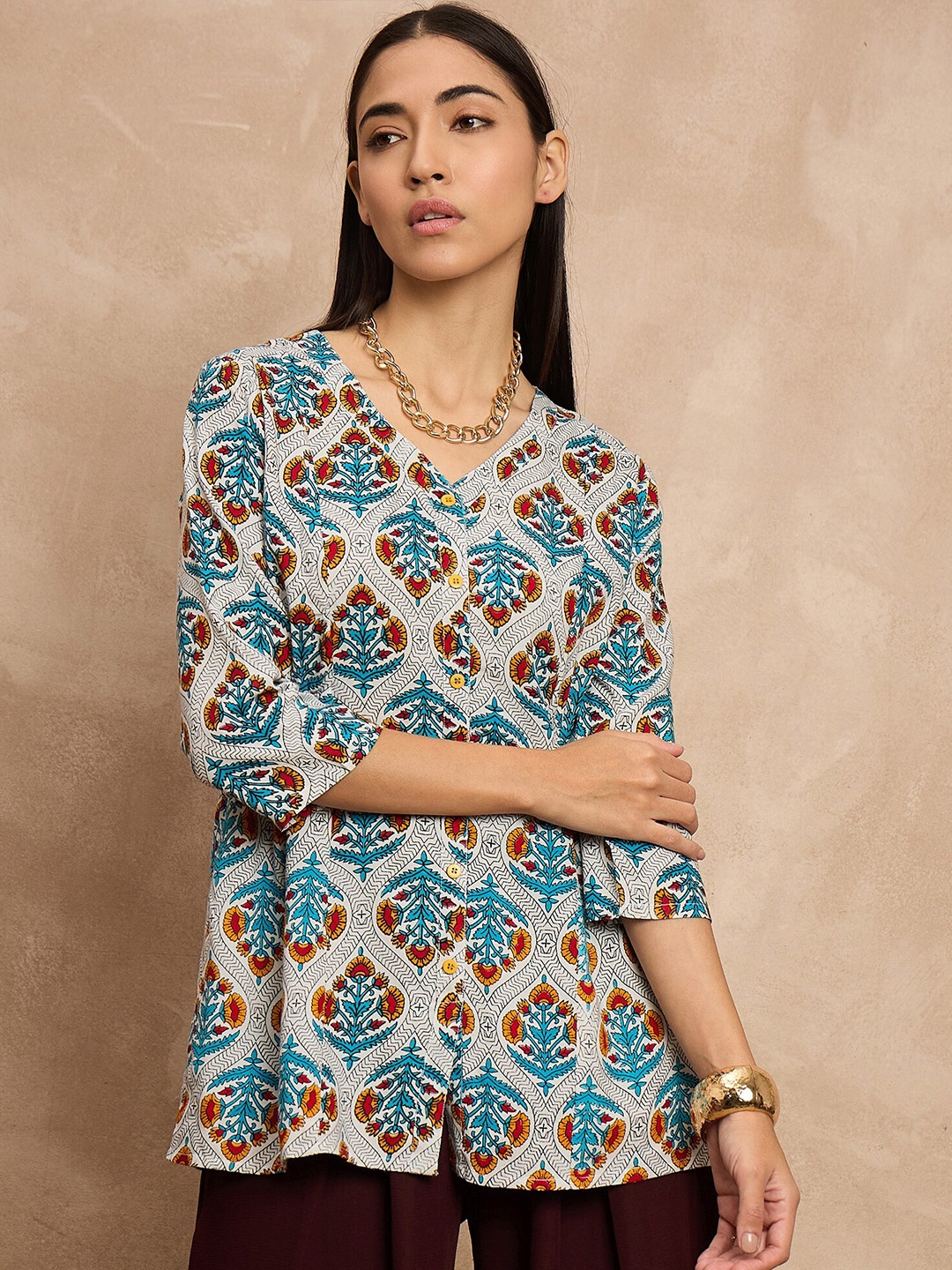 

all about you Turquoise Blue Ethnic Motifs Printed V-Neck A-Line Kurti