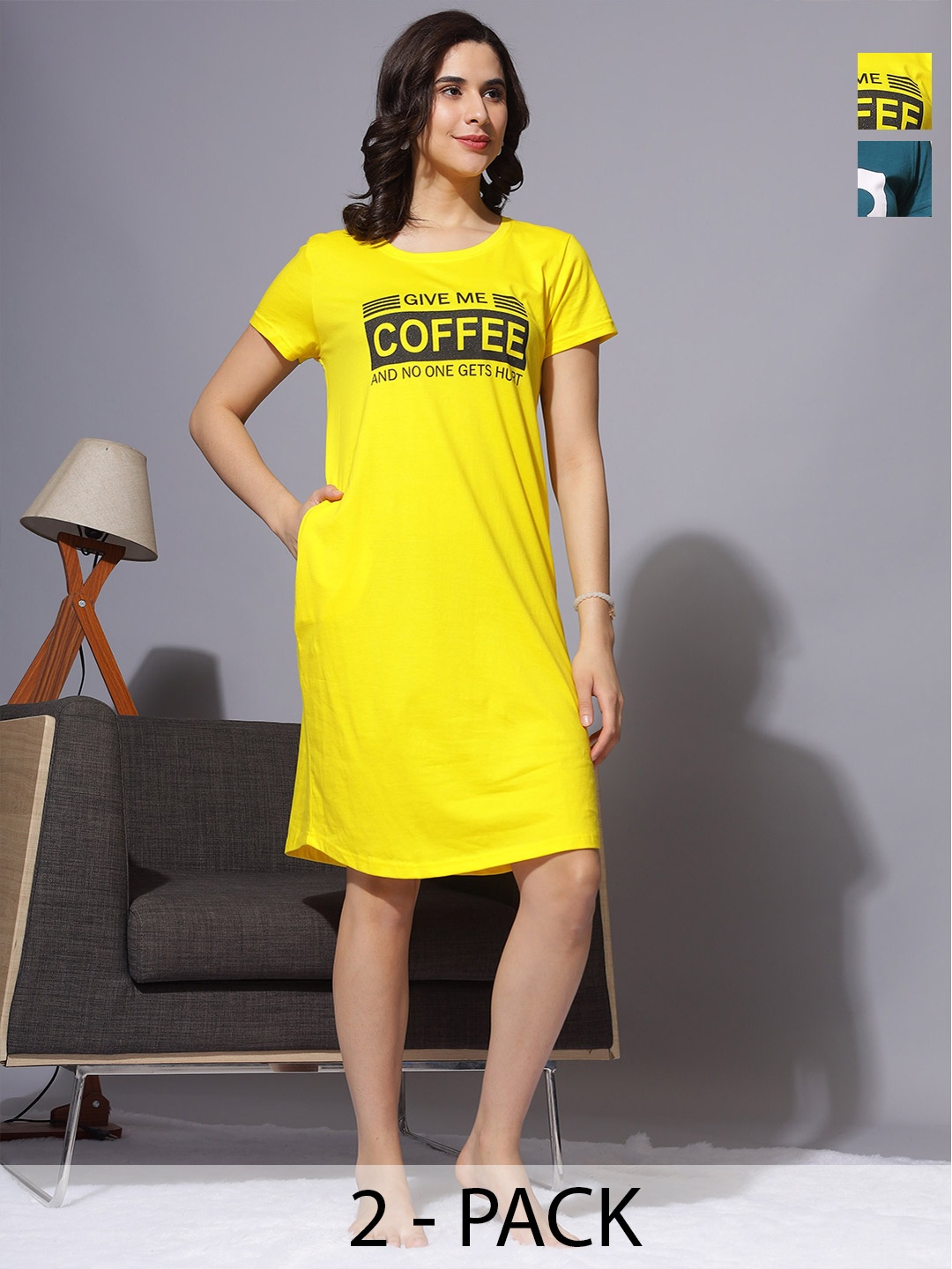 

9shines Label Pack Of 2 Printed Pure Cotton Nightdress, Yellow