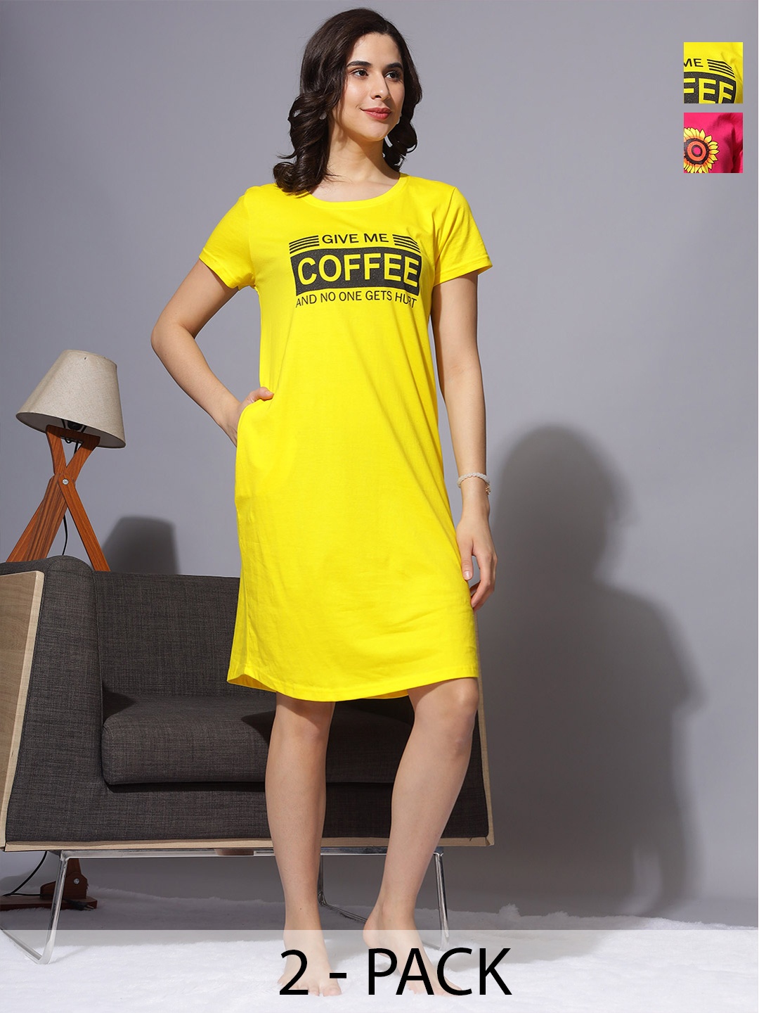 

9shines Label Pack Of 2 Typography Printed Pure Cotton T-shirt Nightdress, Yellow
