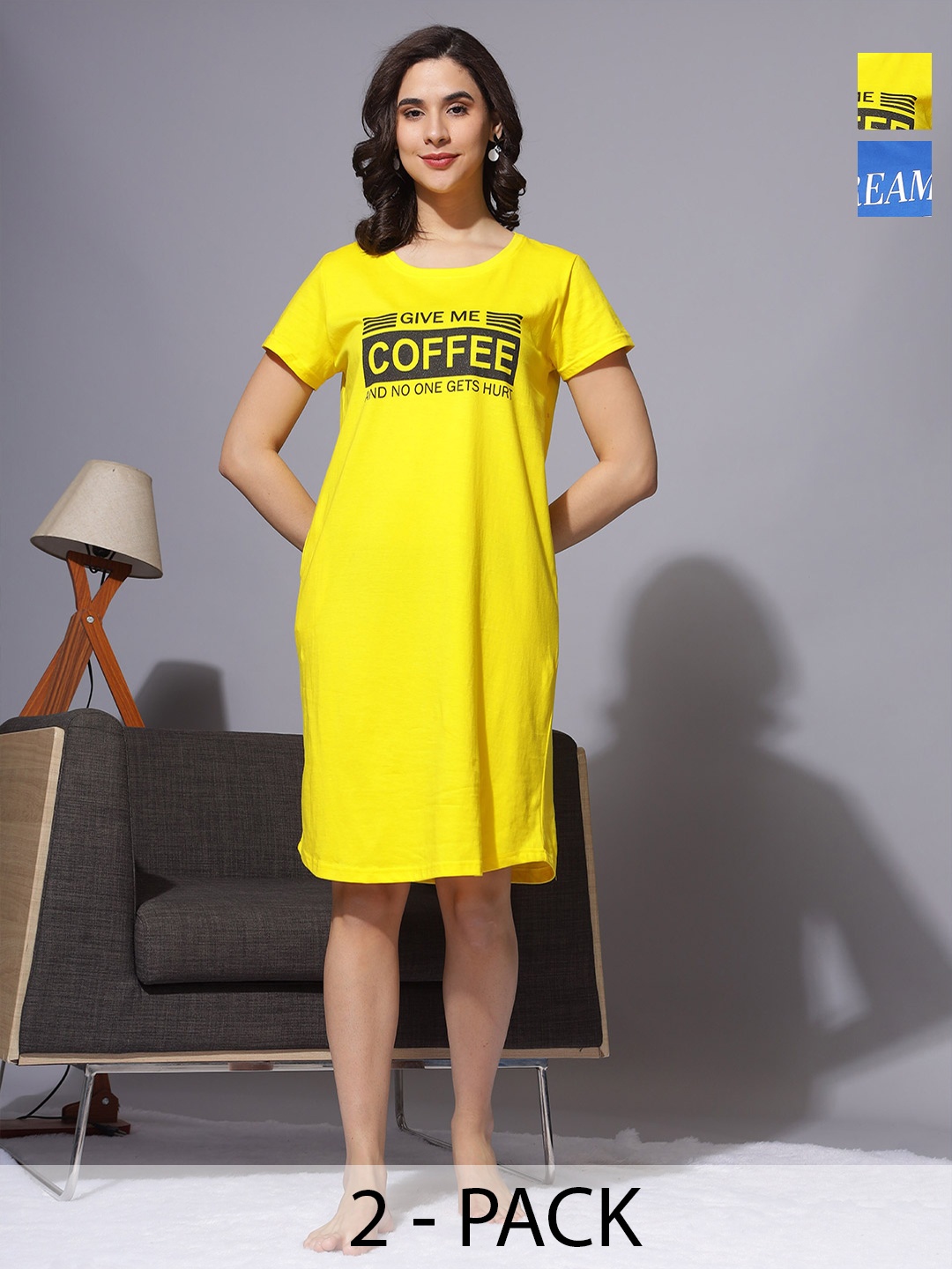 

9shines Label Pack Of 2 Typography Printed Pure Cotton T-shirt Nightdress, Yellow