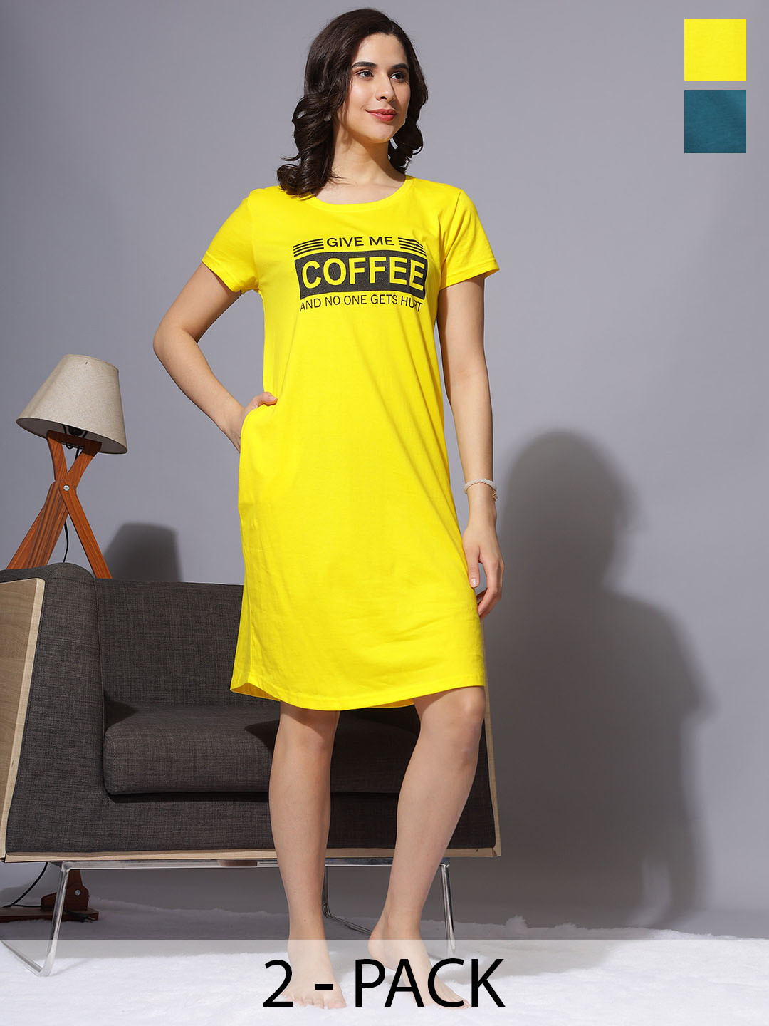 

9shines Label Printed Nightdress, Yellow