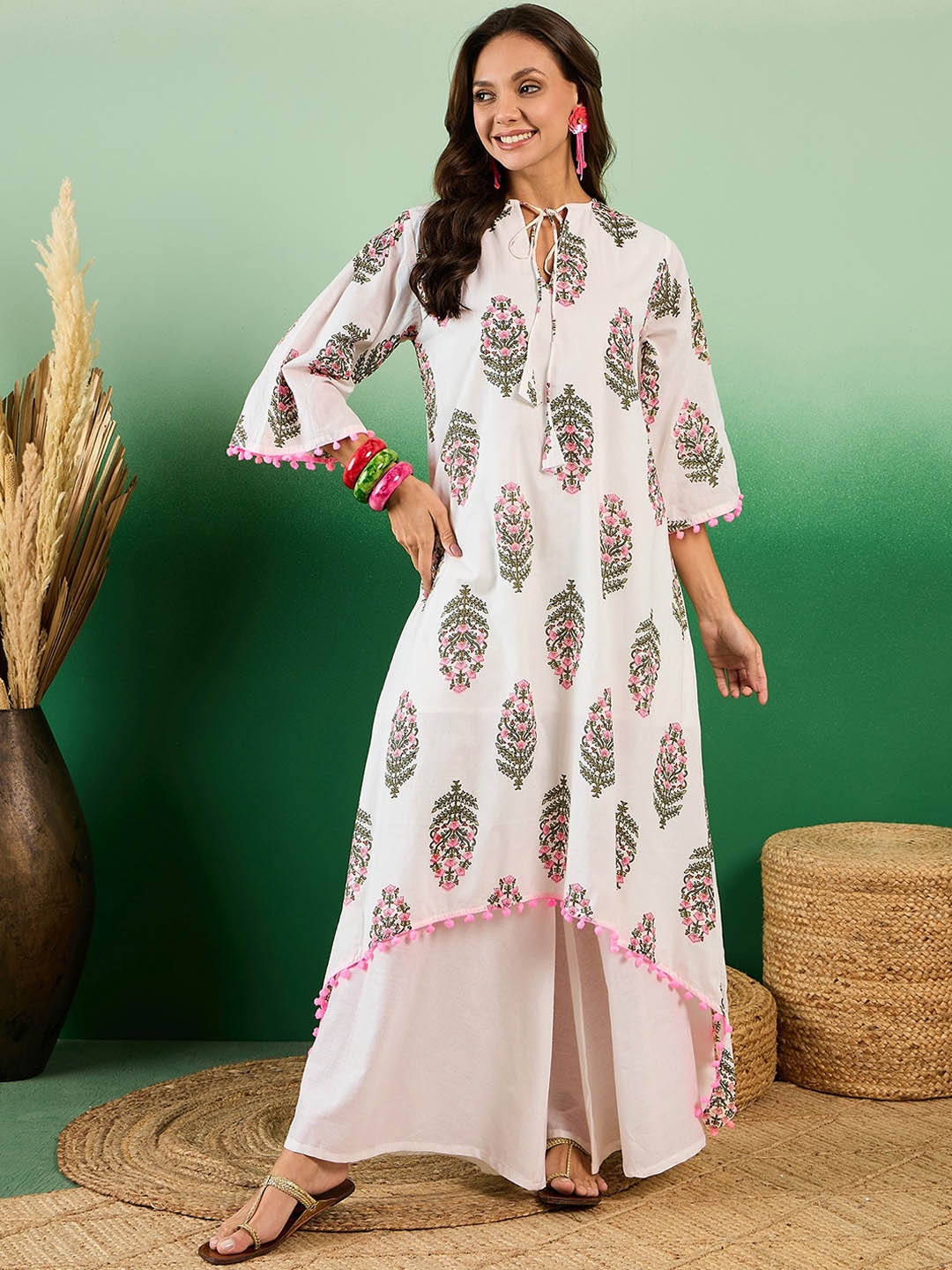 Sangria Mughal Printed Pure Cotton Neck Tie Up Asymmetric A Line Kurta, Cream