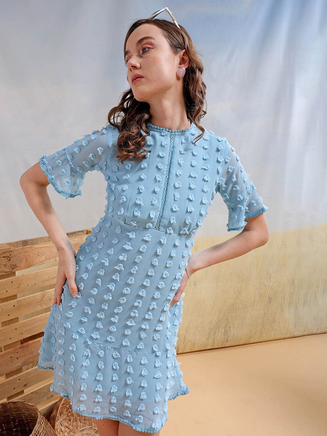 

Freehand by The Indian Garage Co Self Design A-Line Dress, Blue
