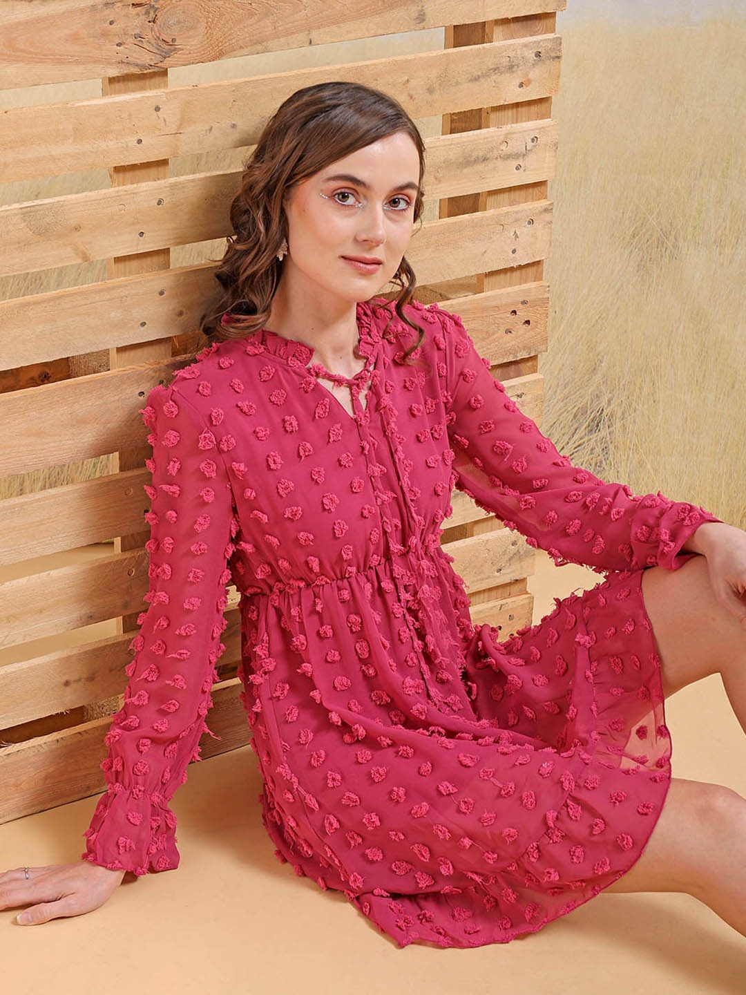 

Freehand by The Indian Garage Co Self Design Fit & Flare Dress, Pink
