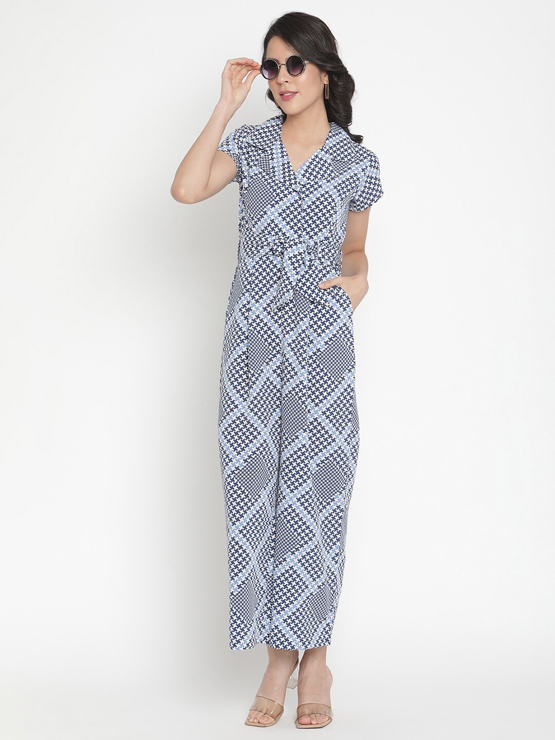 

THREAD MUSTER Blue Geometric Printed Shirt Collar Basic Jumpsuit