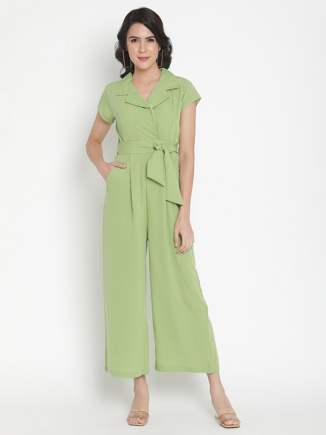 

THREAD MUSTER Notched Lapel Collar Basic Jumpsuit, Lime green