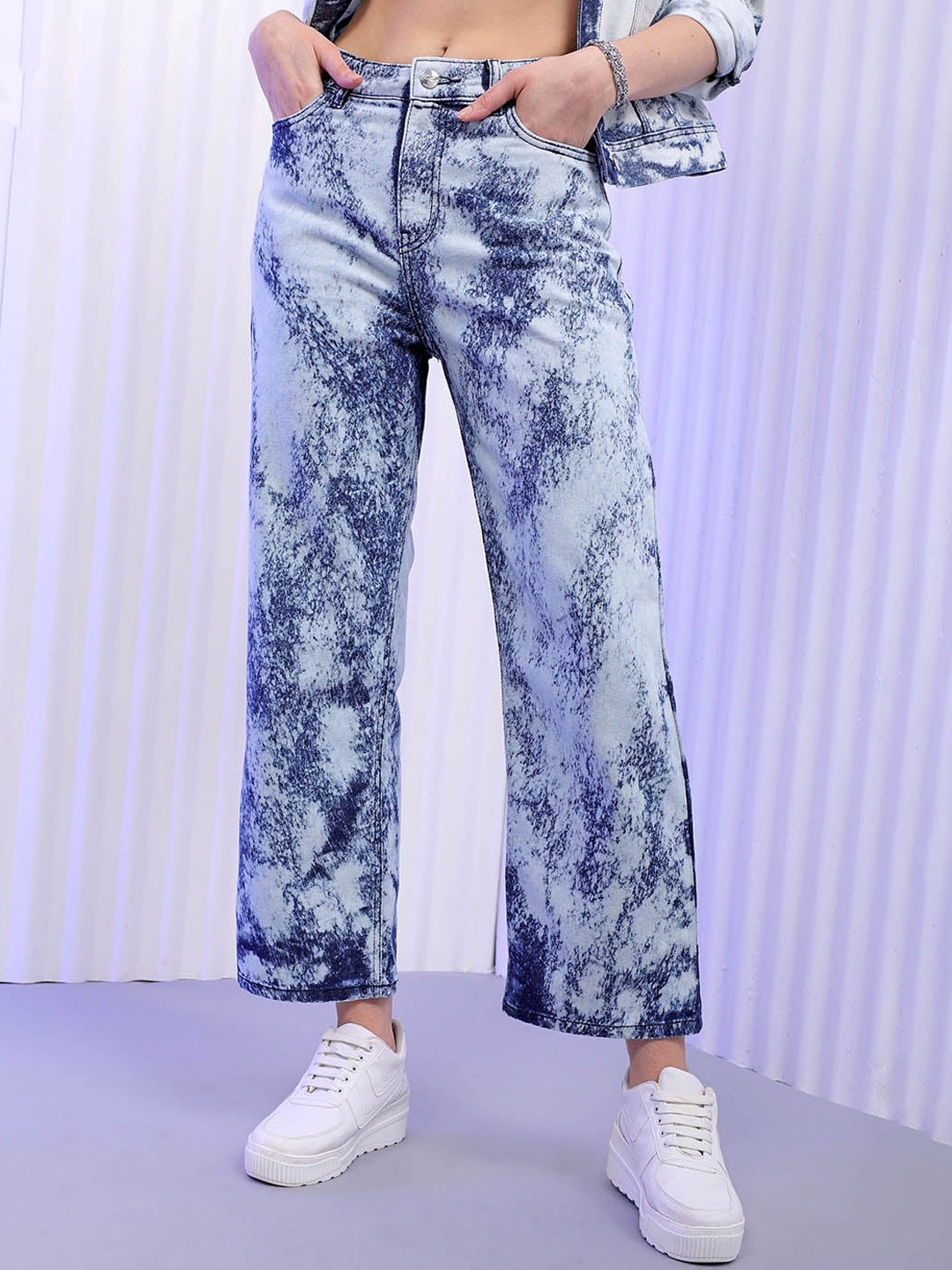 

Freehand by The Indian Garage Co Women Wide Leg High-Rise Clean Look Heavy Fade Jeans, White