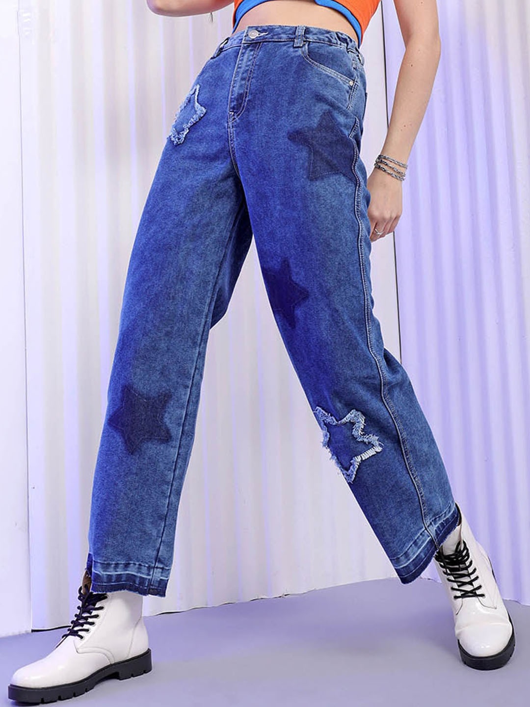 

Freehand by The Indian Garage Co Women Bootcut High-Rise Low Distress Heavy Fade Jeans, Blue