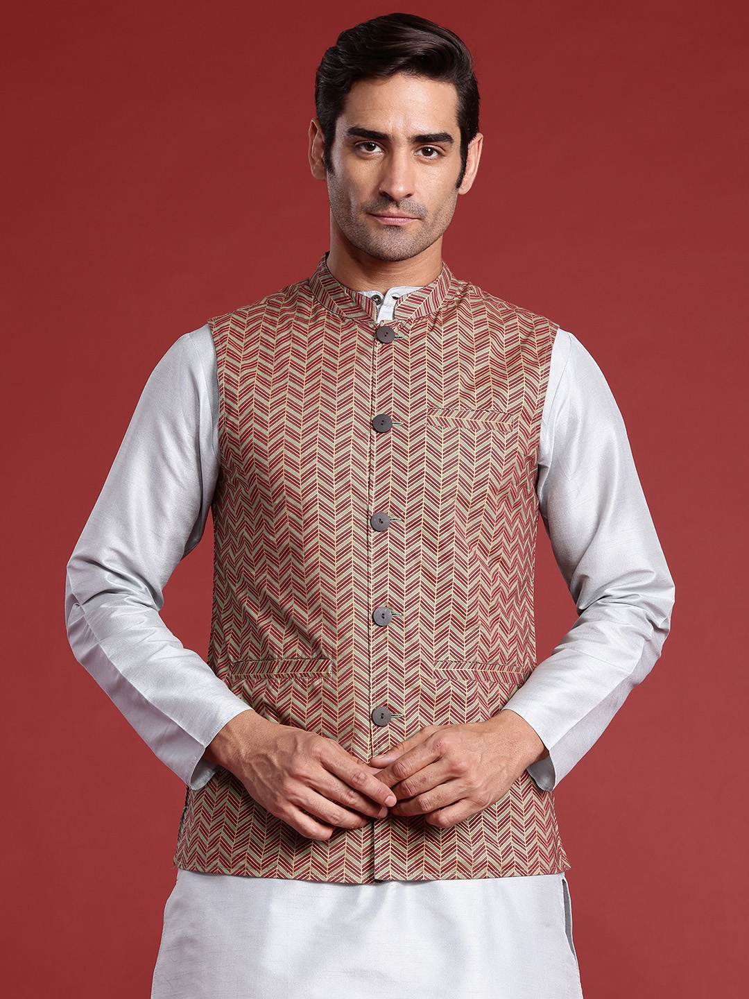 

Anouk Men Printed Nehru Jacket, Green