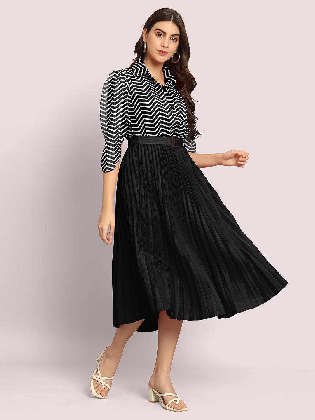 

Femvy Geometric Print Shirt Collar Crepe Shirt Midi Dress With Belt, Black