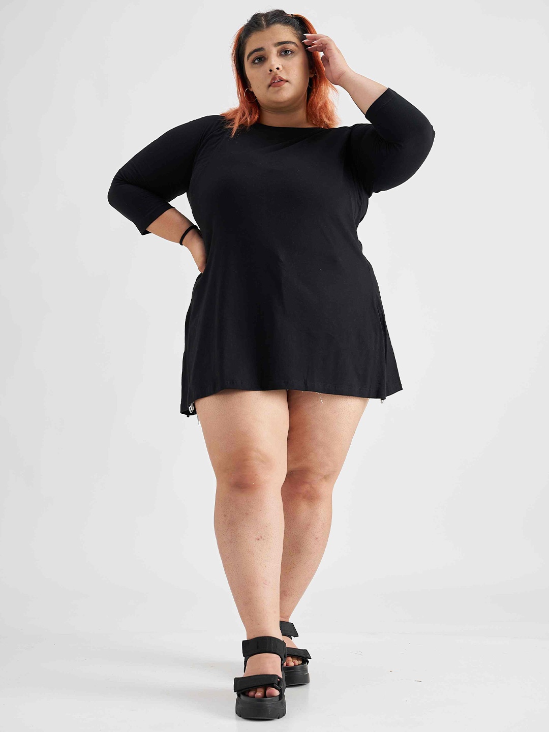 

SPIRIT ANIMAL Plus Size Round Neck Cotton Longline T-shirt, Black