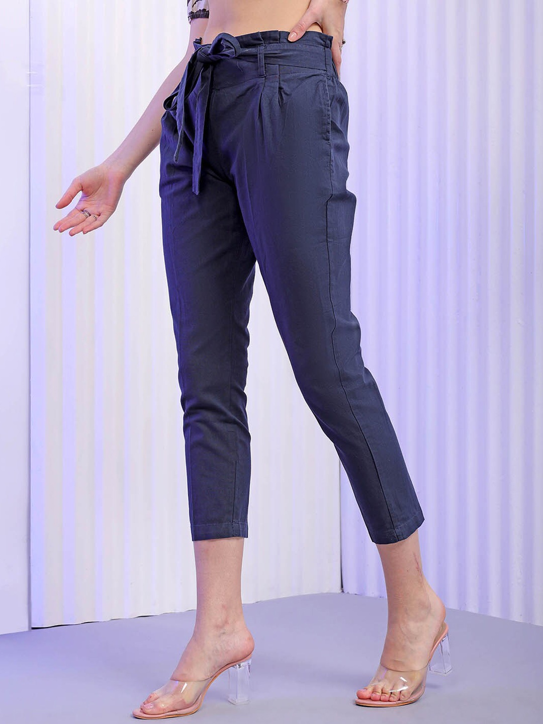 

Freehand by The Indian Garage Co Women Tapered Fit High-Rise Cotton Trouser, Blue
