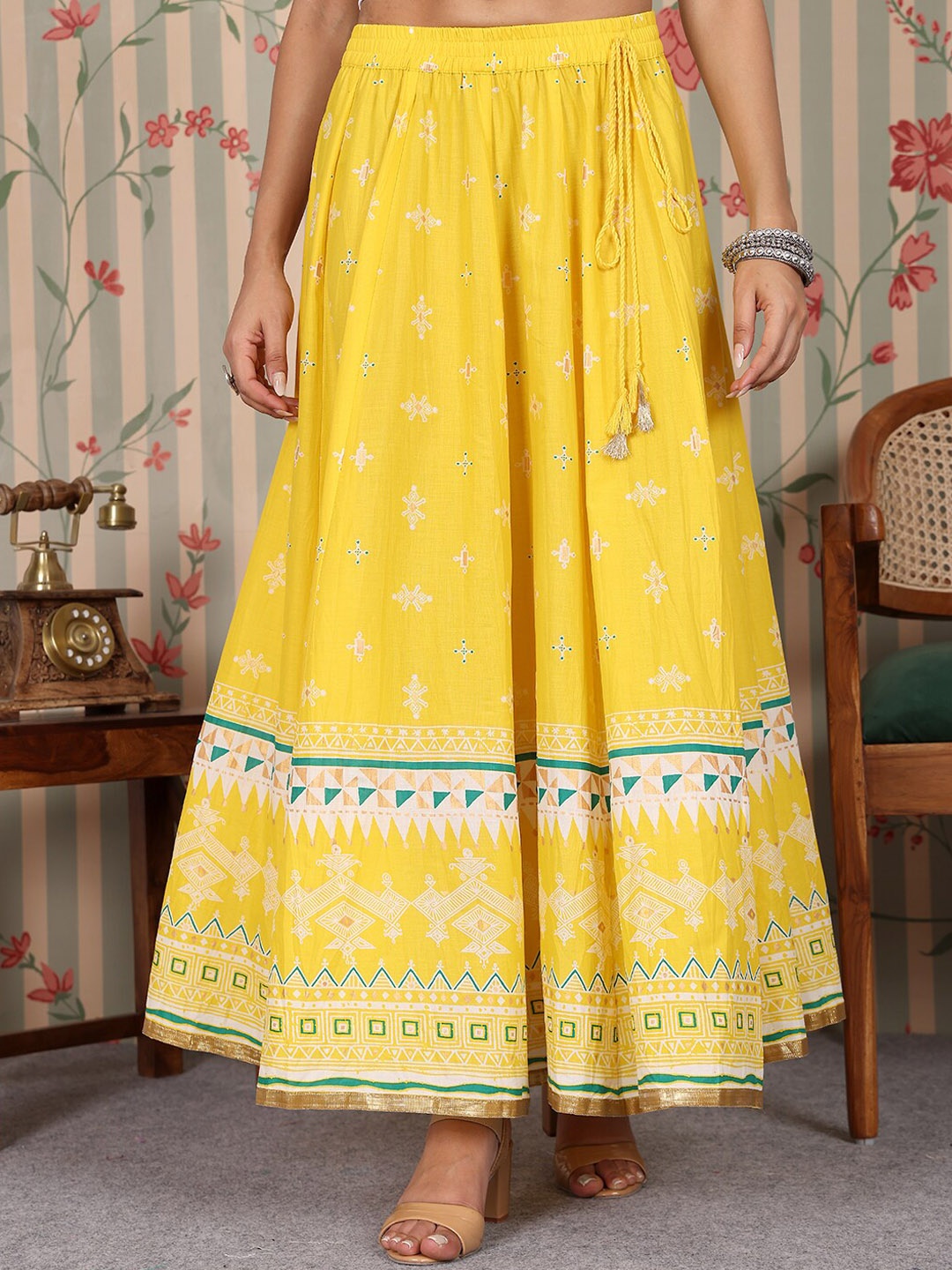 

Ode by House of Pataudi Ethnic Motifs Printed Pure Cotton Flared Skirt, Yellow
