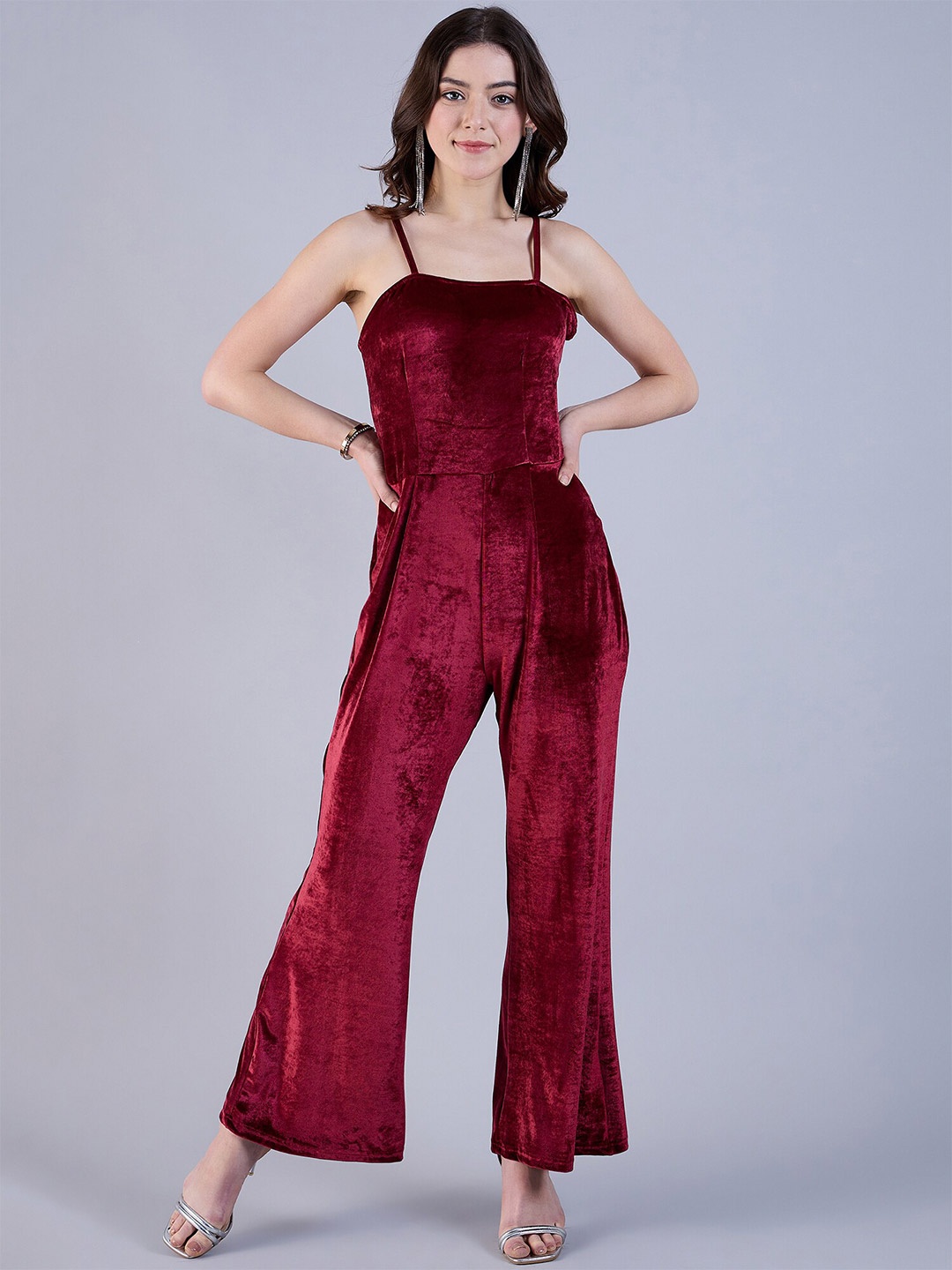 

Freehand by The Indian Garage Co Shoulder Straps Velvet Basic Jumpsuit, Red