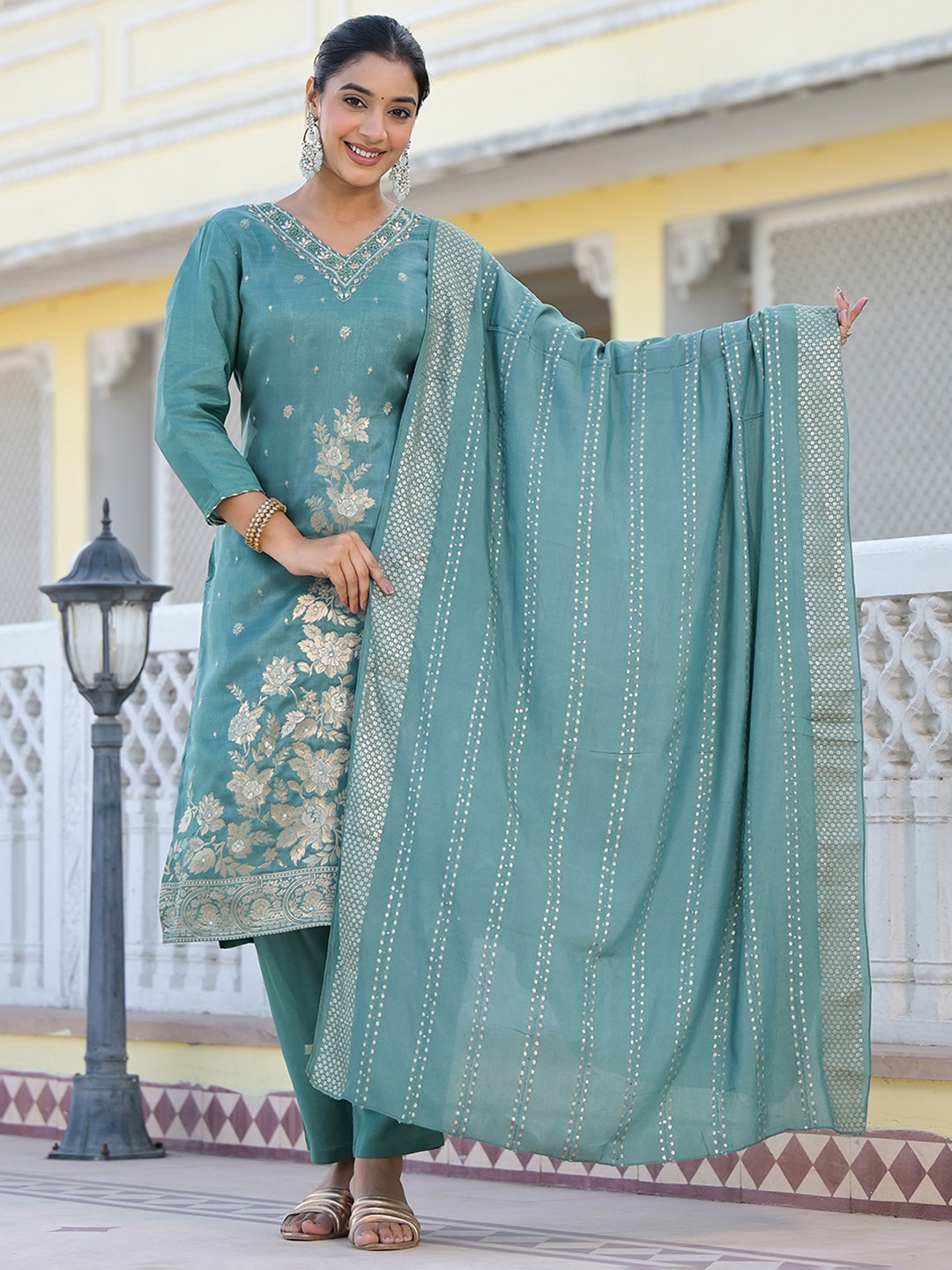 

Varanga Floral Embroidered Regular Woven Design Pure Silk Kurta with Trouser & Dupatta, Sea green