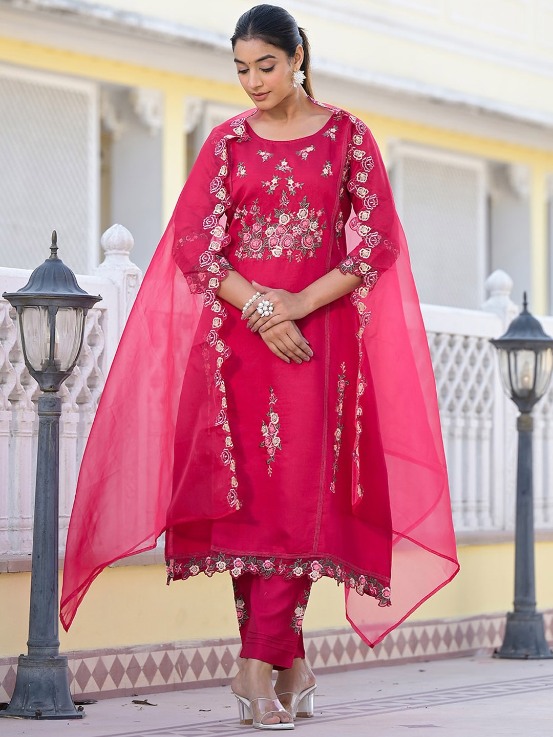 

Varanga Floral Embroidered Pure Silk A-Line Kurta with Trouser & Dupatta, Fuchsia