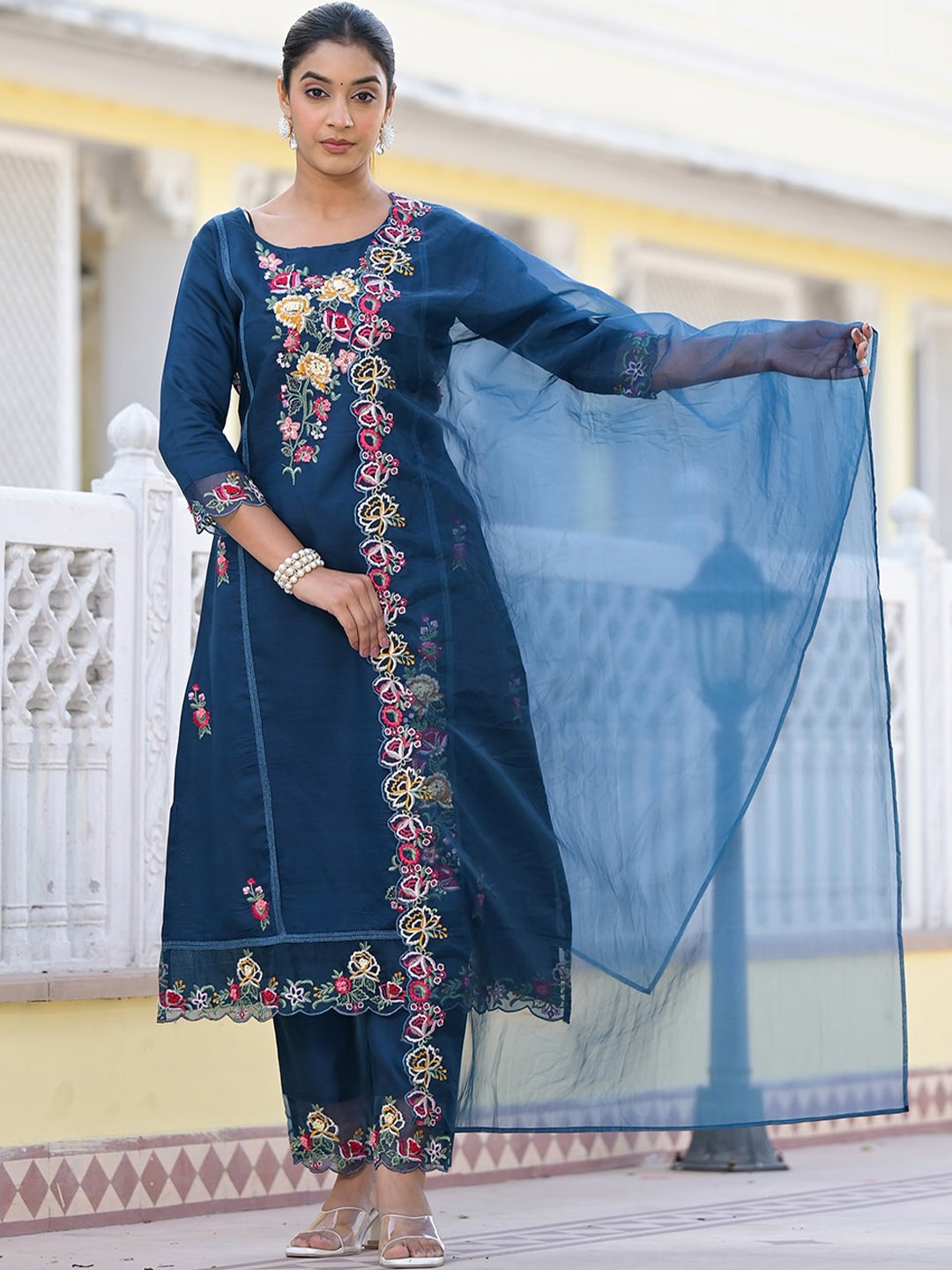 

Varanga Floral Embroidered Pure Silk A-Line Kurta with Trouser & Dupatta, Navy blue