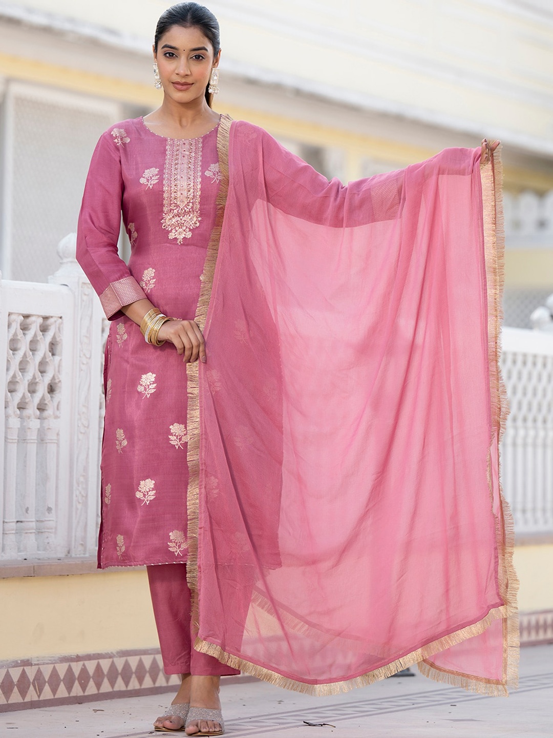 

Varanga Floral Woven Design Chanderi Silk Kurta with Trouser & Dupatta, Pink
