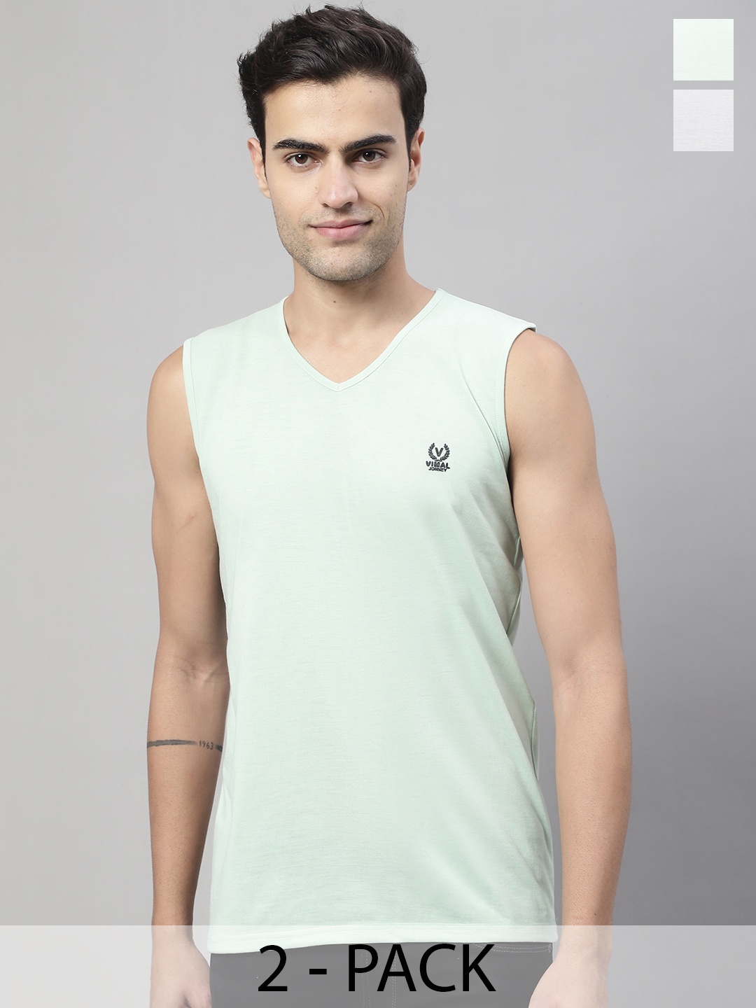VIMAL JONNEY Pack Of 2 Pure Cotton Gym Vest V_SL_L.GRY_L.GRN._02, Navy blue