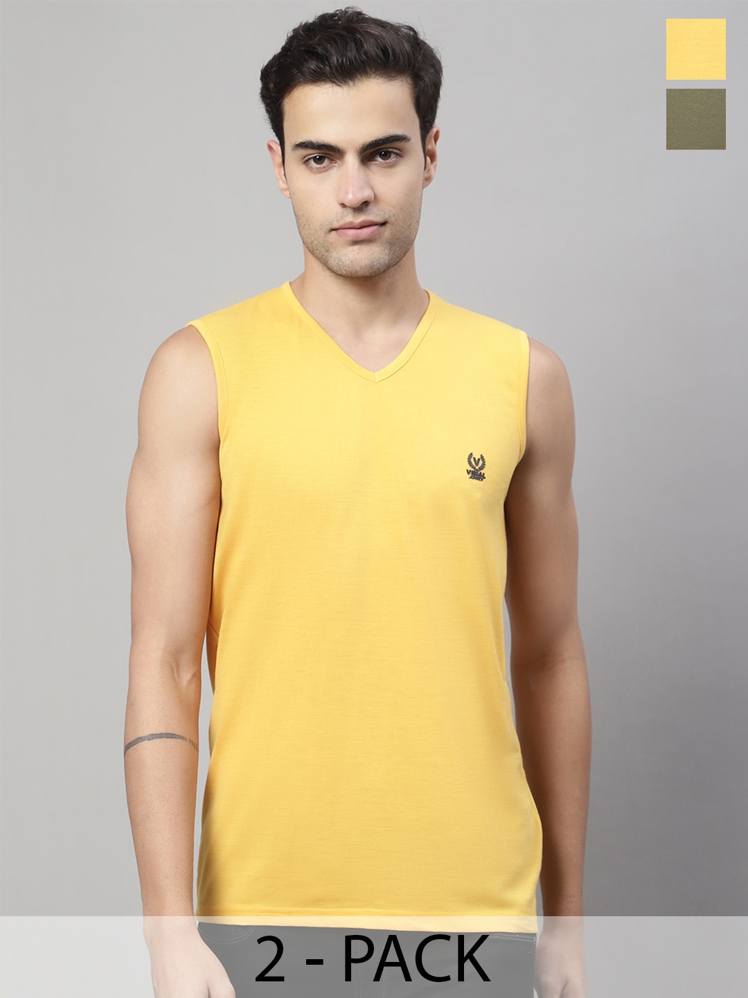 

VIMAL JONNEY Pack Of 2 Pure Cotton Gym Vest V_SL_YEL_OLV._02, Grey